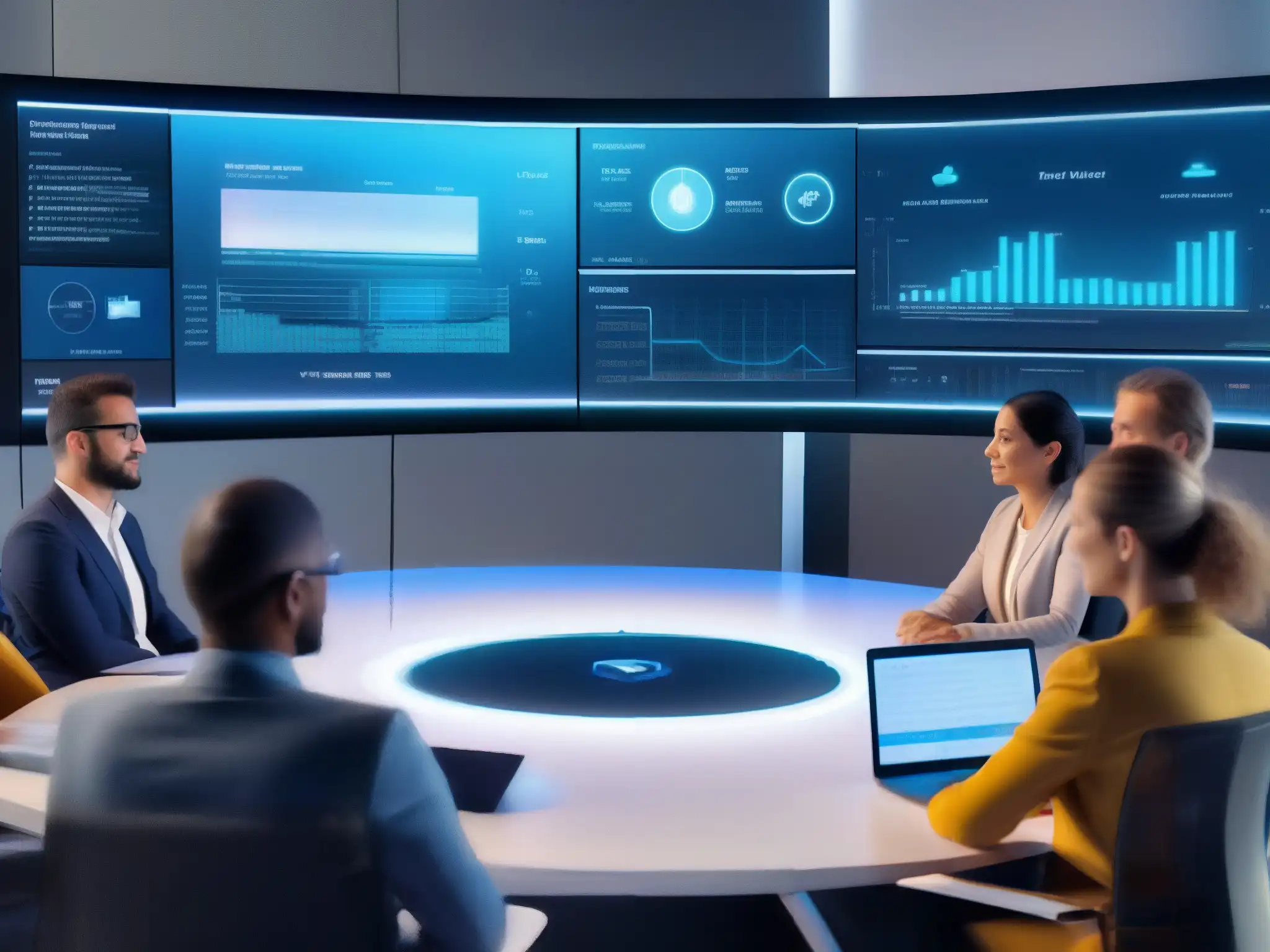 Análisis en tiempo real de videoconferencias con IA Interfaz futurista de gestión de datos con IA en videoconferencias, análisis en tiempo real y visualizaciones dinámicas de tendencias
