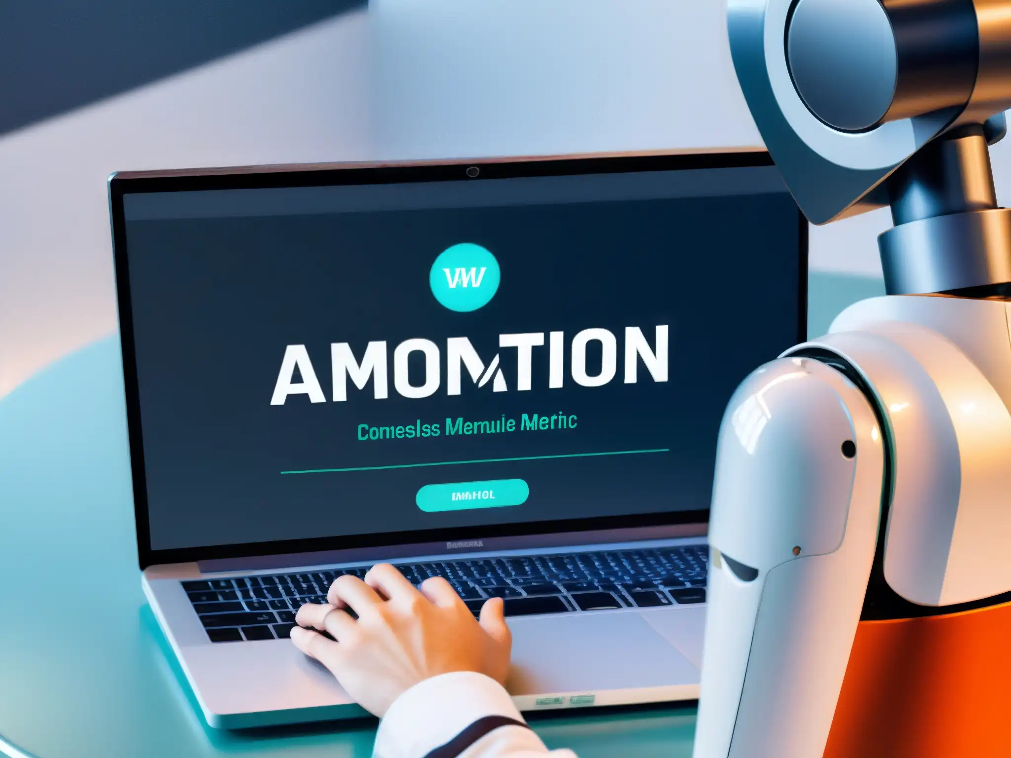Interfaz de webinar futurista con brazo robótico: Automatización para mayor conversión Interfaz futurista y elegante de webinar con brazo robótico, simbolizando la automatización en videoconferencias
