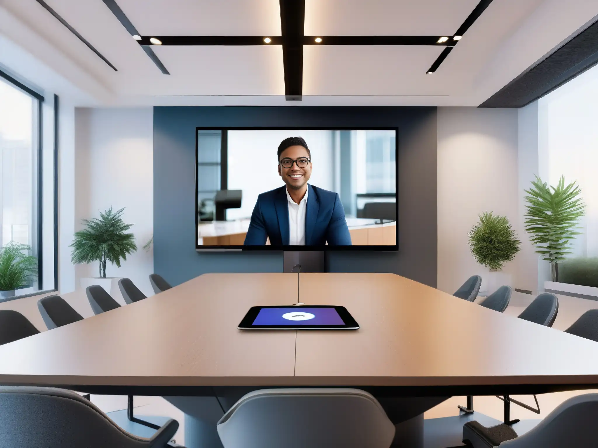 Videoconferencia futurista con IA para negocios y educación Una interfaz futurista y elegante de videoconferencia con integración de IA en herramientas de videoconferencia, en un entorno profesional y educativo