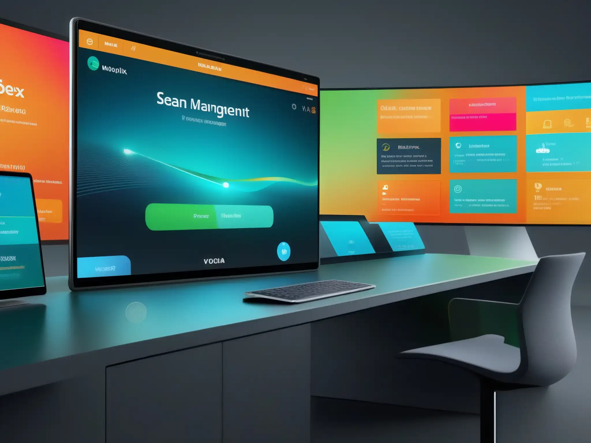 Interfaz futurista de gestión de eventos integrada con Cisco Webex Interfaz futurista de gestión de eventos con Cisco Webex integrado, colores vibrantes y diseño minimalista transmitiendo profesionalismo e innovación