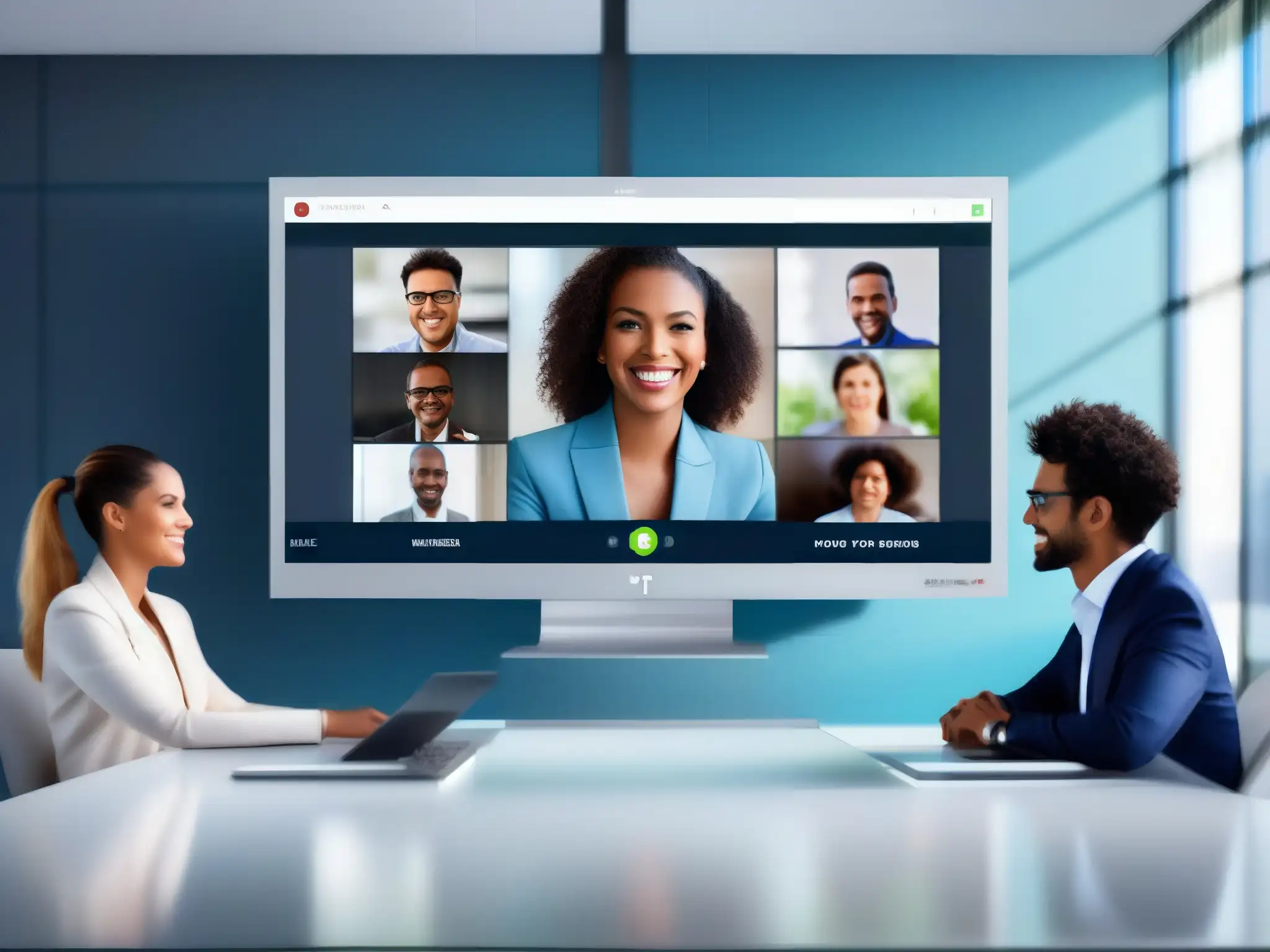 Interfaz de videoconferencia futurista y eficiente Una interfaz futurista y profesional para videoconferencias, con una gestión intuitiva de participantes