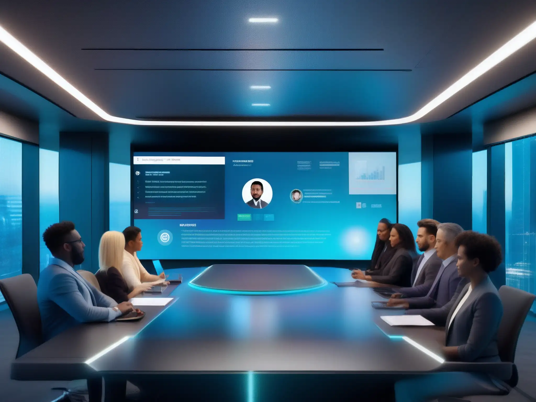 Plataforma de videoconferencia futurista y segura Interfaz futurista de videoconferencia con alta seguridad y eficiencia, mostrando una reunión profesional en progreso