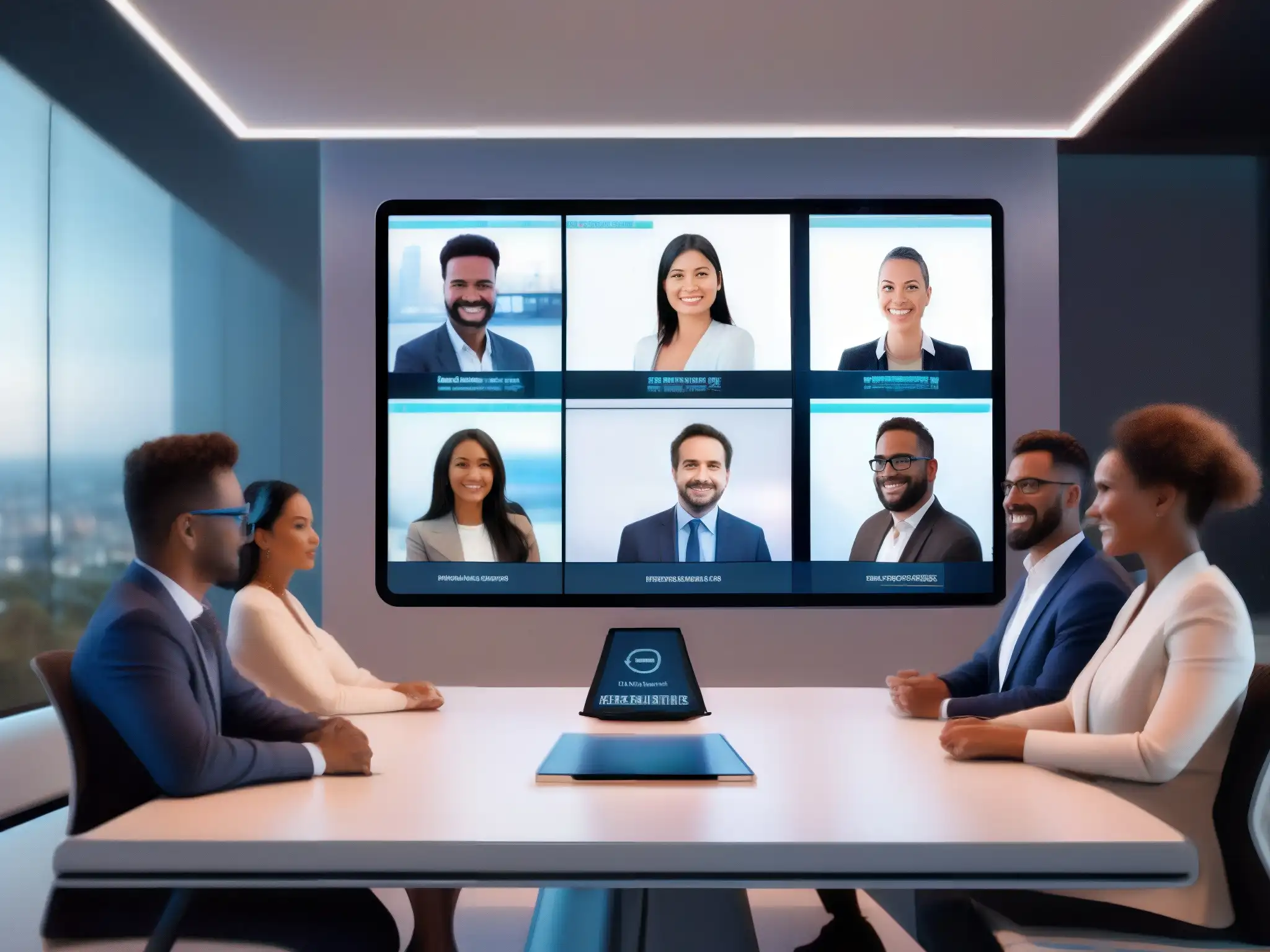 Interfaz de videoconferencia futurista con asistentes virtuales AI Interfaz futurista de videoconferencia con asistentes virtuales coordinando la reunión