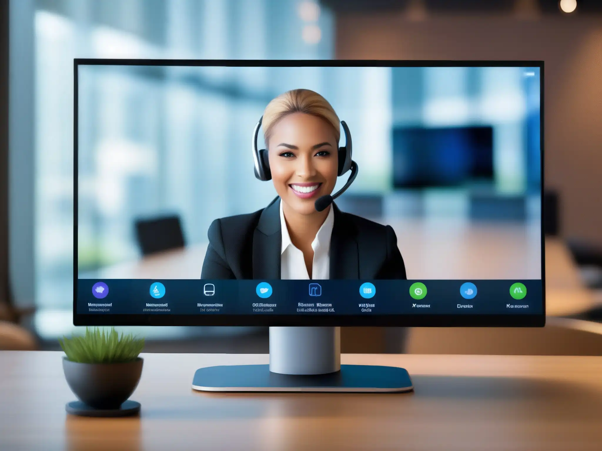 Videoconferencia futurista y eficiente con AR y traducción en tiempo real Interfaz futurista de videoconferencia con atención al cliente, destacando tendencias y herramientas de alta tecnología