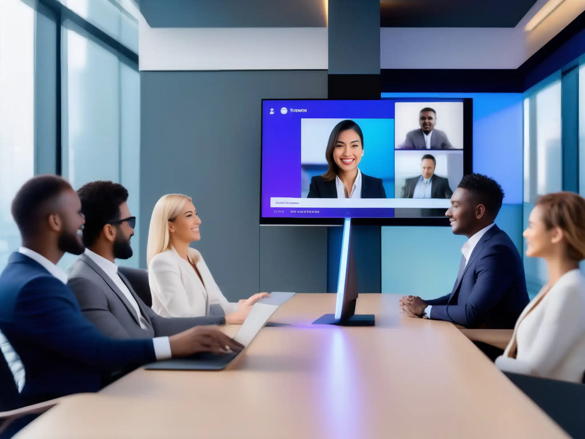 Interfaz futurista de videoconferencia con IA avanzada y diseño minimalista Interfaz futurista de videoconferencia con avanzadas integraciones software