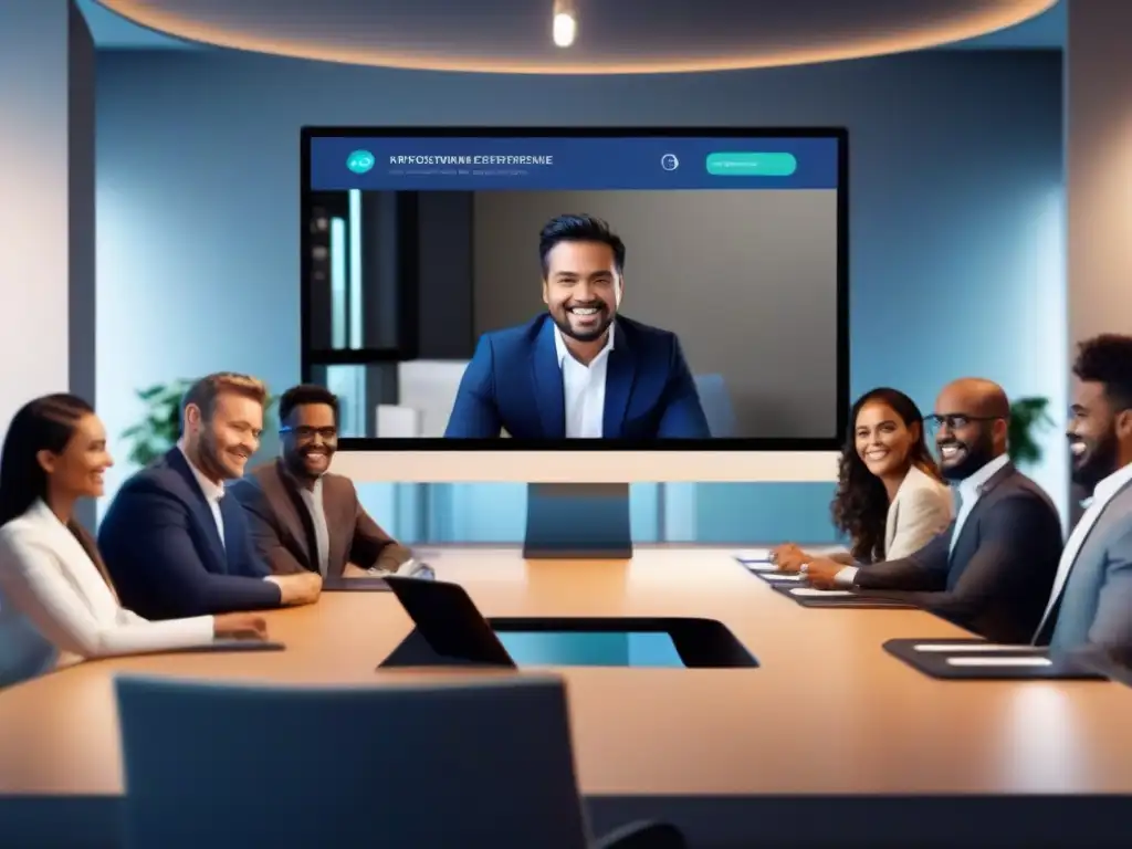 Videoconferencia futurista con avatares personalizables y fondos virtuales Interfaz futurista de videoconferencia con avatares personalizables y fondos virtuales, reflejando personalización de videoconferencias con APIs