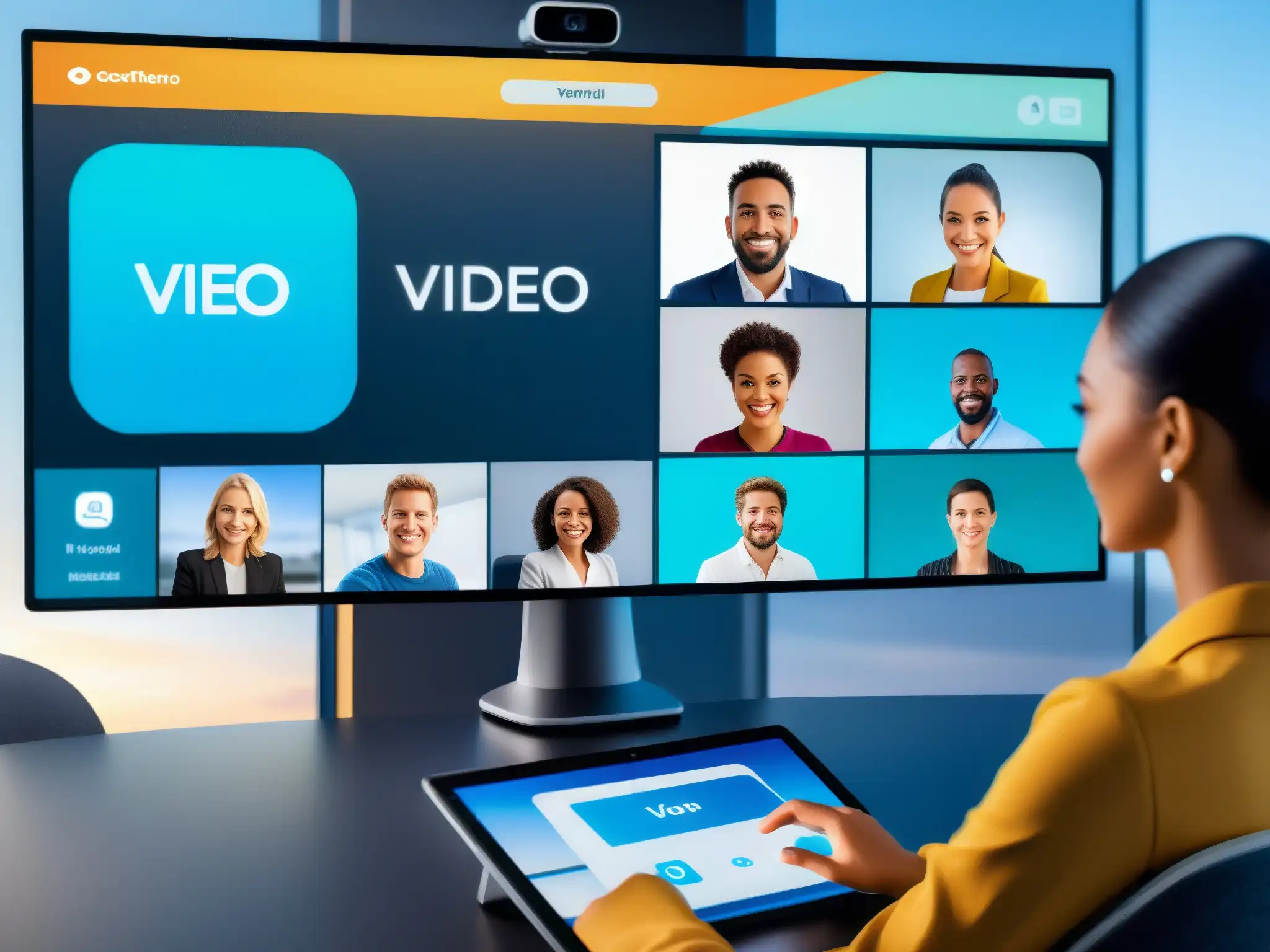 Interfaz futurista de videoconferencia personalizable Una interfaz futurista de videoconferencia con avatares y configuración personalizada, ideal para entornos profesionales y educativos