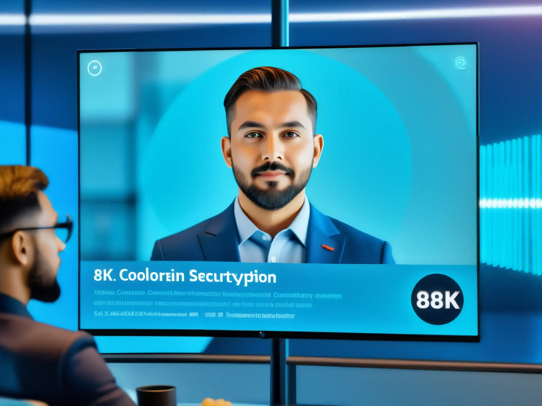 Interfaz de videoconferencia futurista con blockchain y hologramas Interfaz futurista de videoconferencia con blockchain que transmite seguridad en videoconferencias con blockchain y alta tecnología