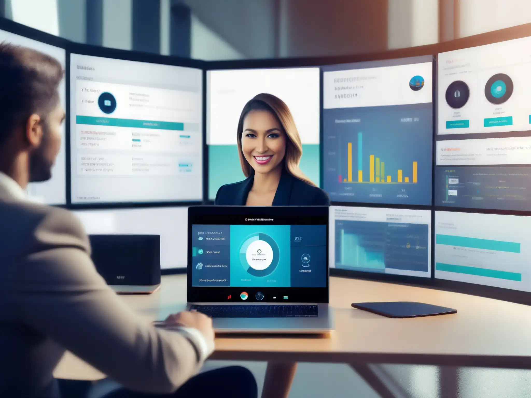 Interfaz futurista de videoconferencia con IA y visualización de datos en tiempo real Interfaz futurista de videoconferencia con IA que mejora usabilidad en plataformas