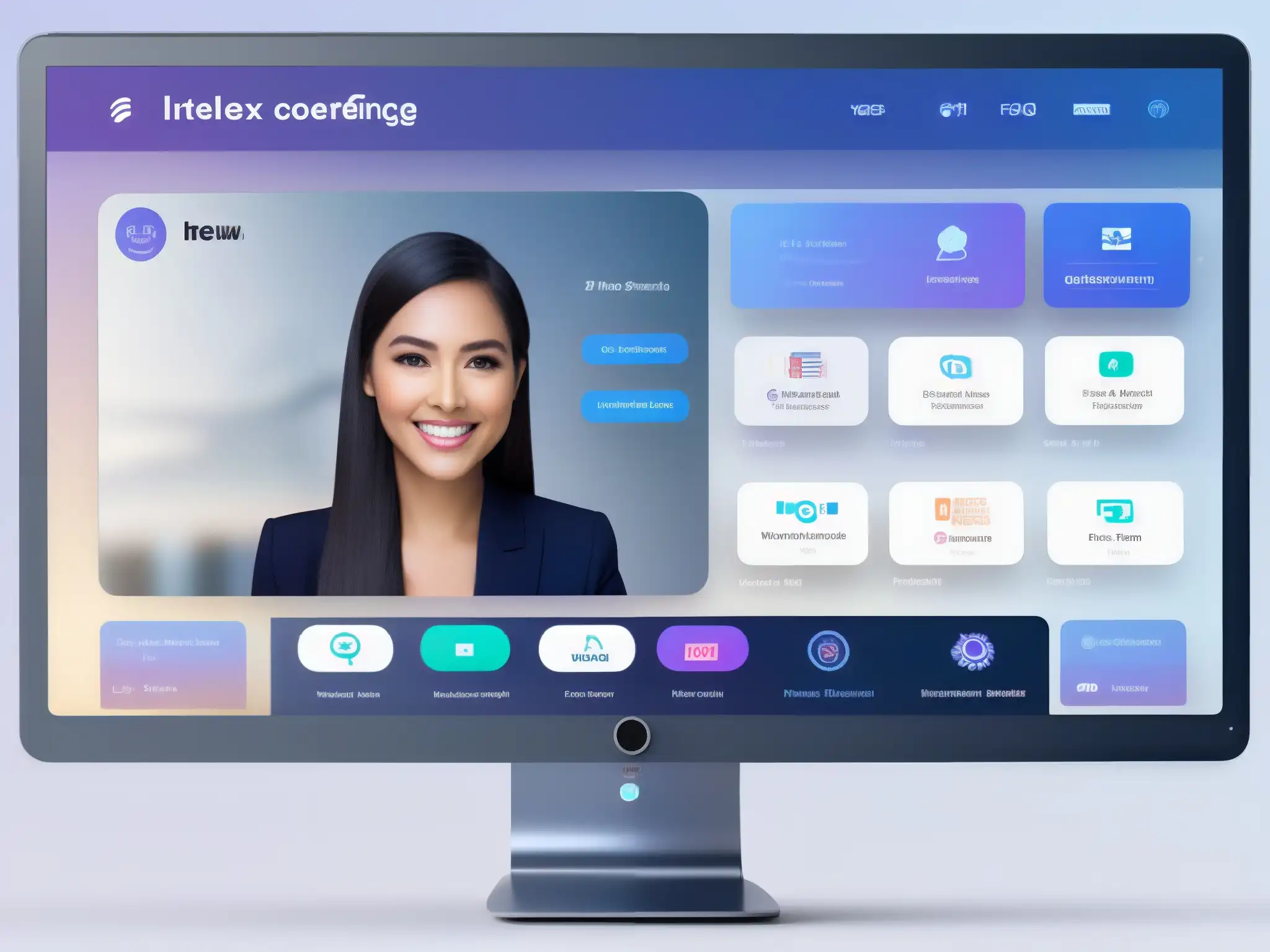 Plataforma de videoconferencia futurista con IA inteligente Interfaz futurista de videoconferencia con IA que mejora usabilidad