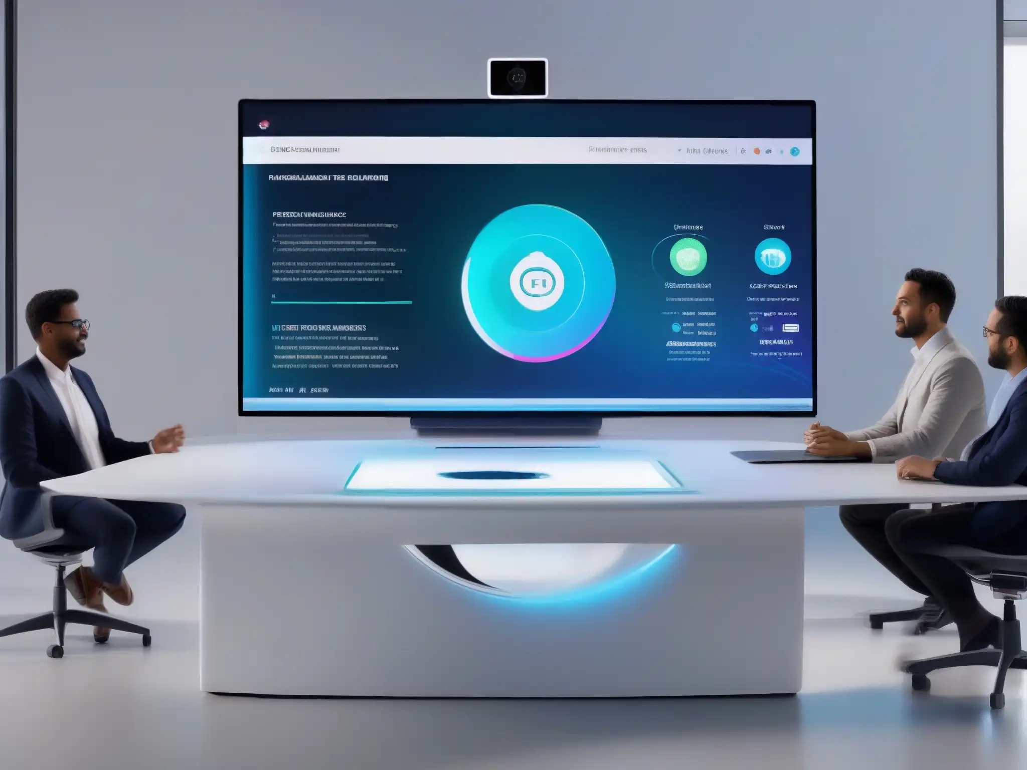 Interfaz de videoconferencia futurista con IA y 8k Interfaz futurista de videoconferencia con IA que muestra beneficios de herramientas de videoconferencia con integraciones de IA