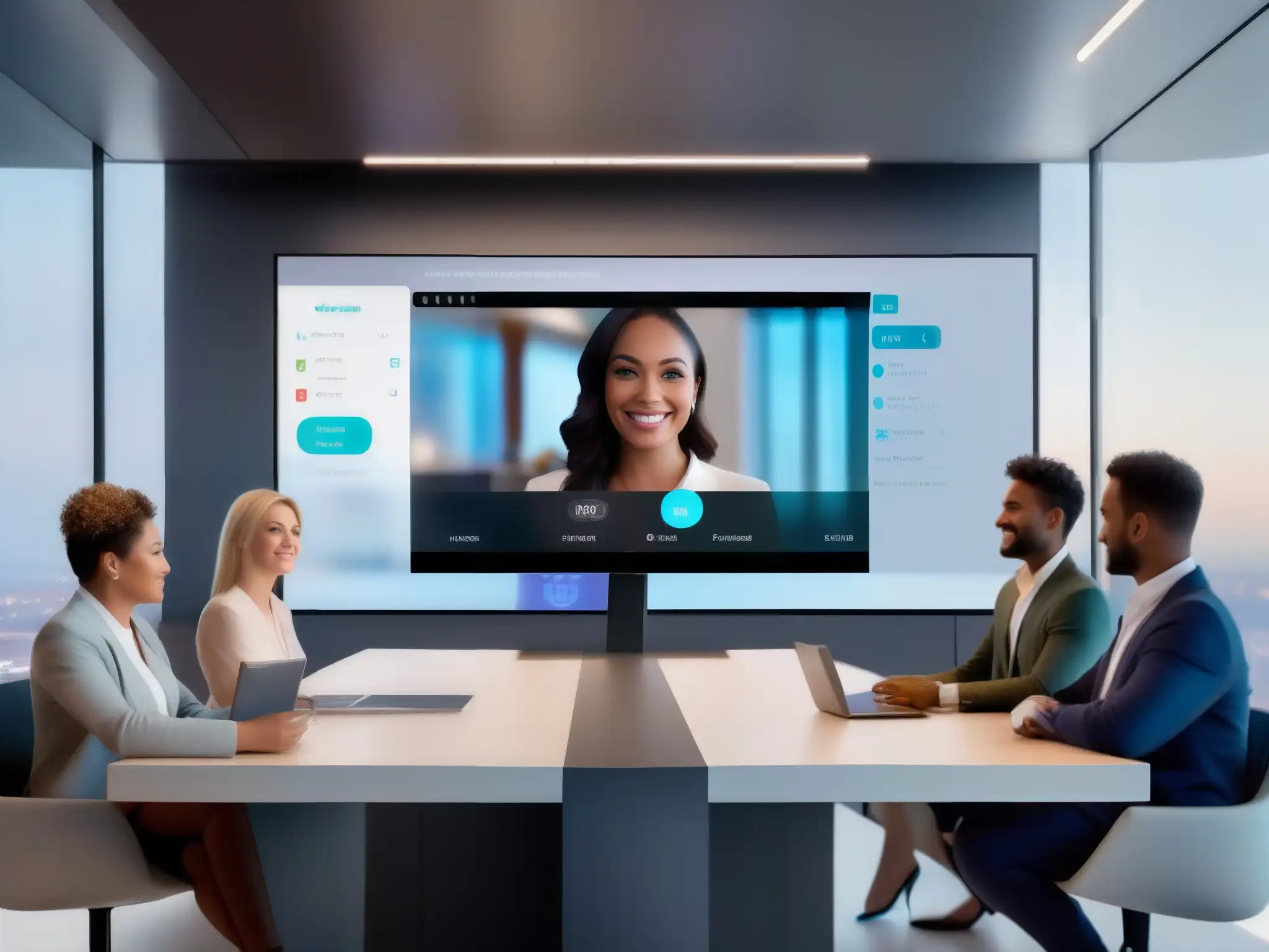 Videoconferencia futurista con IA personalizable Una interfaz futurista de videoconferencia con IA que mejora la usabilidad de plataformas, con ajustes personalizados y ambiente profesional