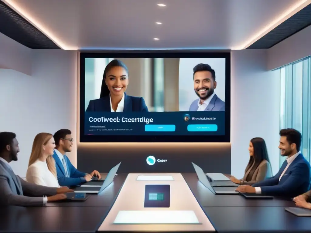 Interfaz de videoconferencia futurista con IA avanzada Interfaz futurista de videoconferencia con integración de inteligencia artificial, transcripción en tiempo real y traducción de idiomas