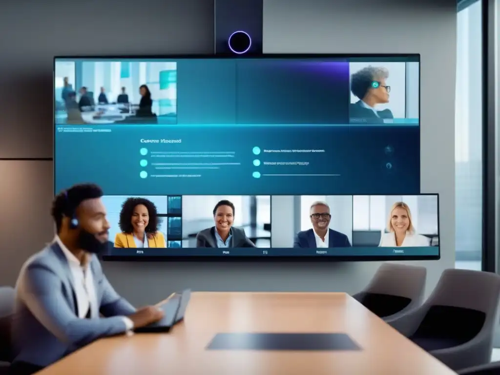 Interfaz futurista para videoconferencias con IA Una interfaz futurista de videoconferencia con integración de inteligencia artificial, colores profesionales y tecnología de vanguardia