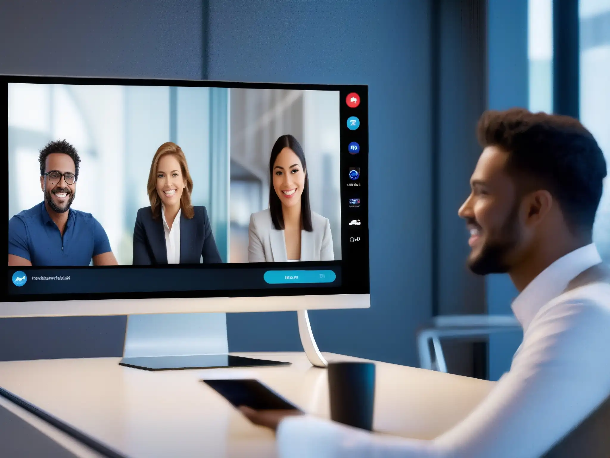 Interfaz de videoconferencia futurista con personalización Interfaz futurista de videoconferencia con integraciones personalizadas para usuarios, diseño minimalista y funciones de inteligencia artificial