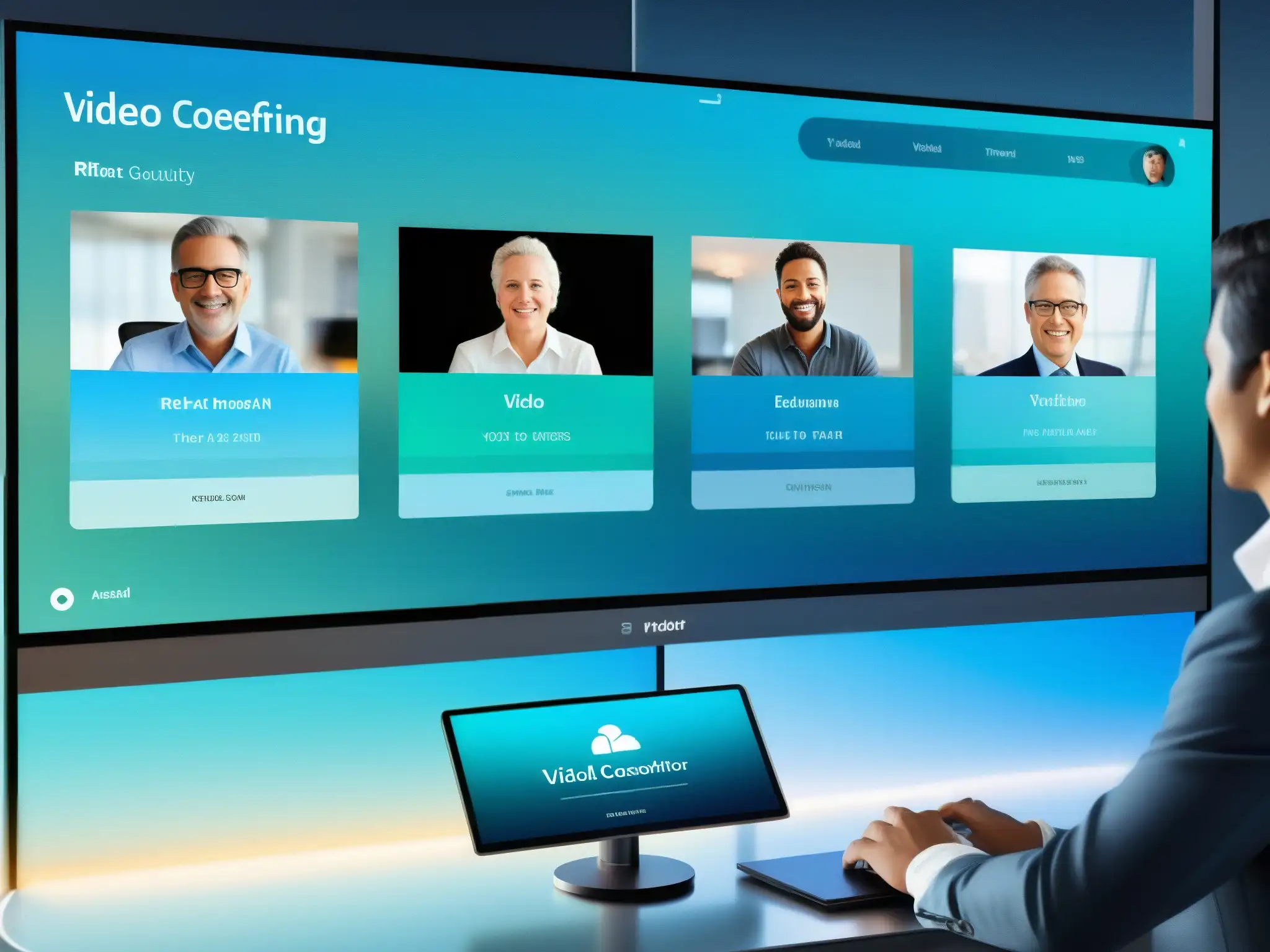 Interfaz futurista de videoconferencias en tiempo real con métricas avanzadas y feeds de video de alta definición Interfaz futurista de videoconferencia con métricas avanzadas para mejorar latencia