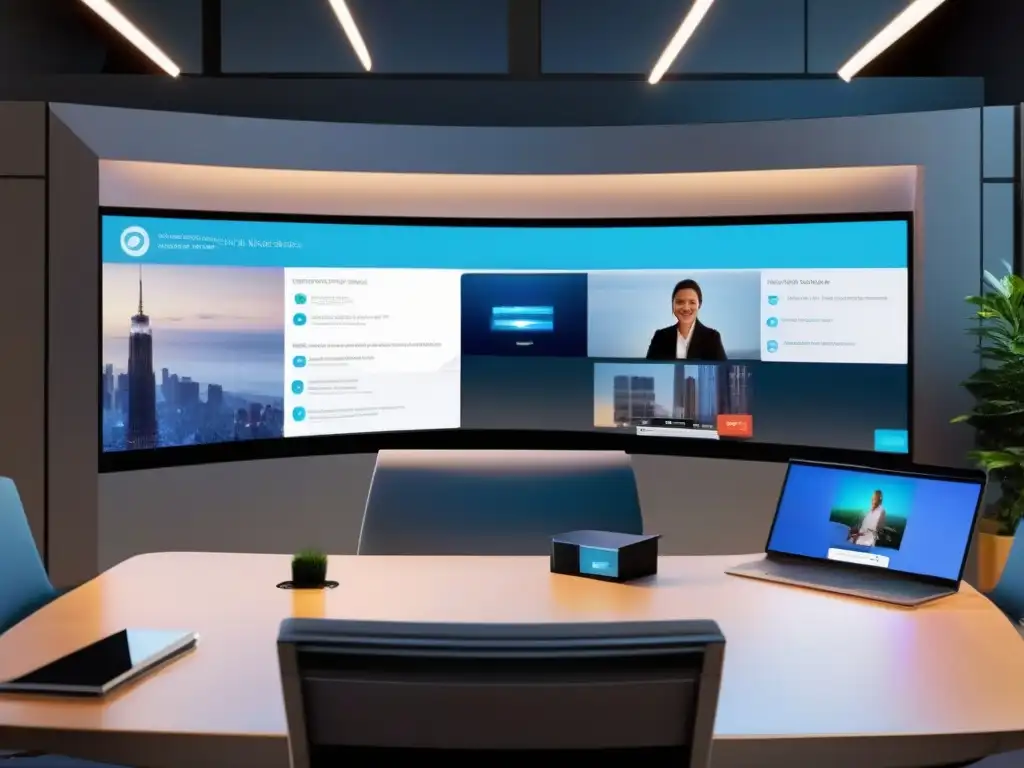 Videoconferencia futurista con personalización y IA Interfaz futurista de videoconferencia con personalización de fondo virtual y controles intuitivos