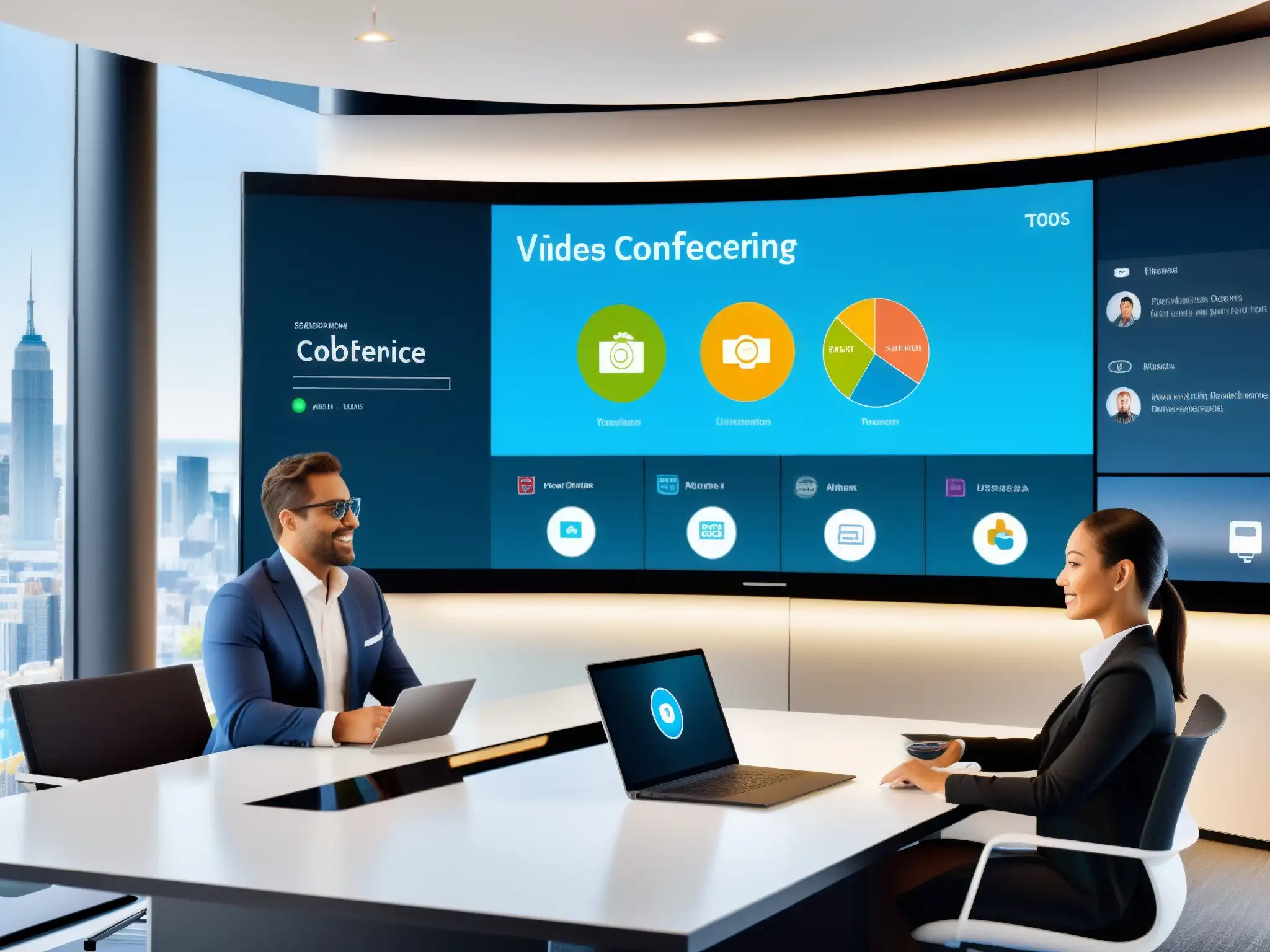 Interfaz de videoconferencia futurista para reuniones virtuales Interfaz futurista de videoconferencia para profesionales con herramientas avanzadas y vistas panorámicas de la ciudad