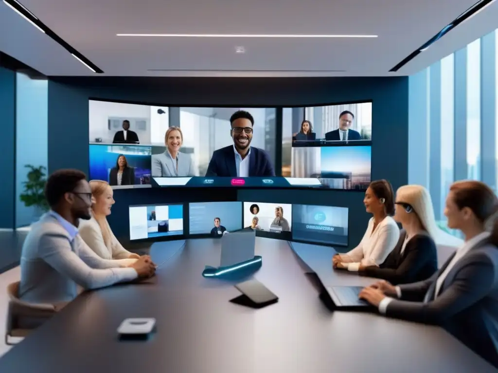 Plataforma de videoconferencia futurista y profesional Interfaz futurista de videoconferencia para startups tecnológicas, con diseño minimalista y herramientas de colaboración interactivas