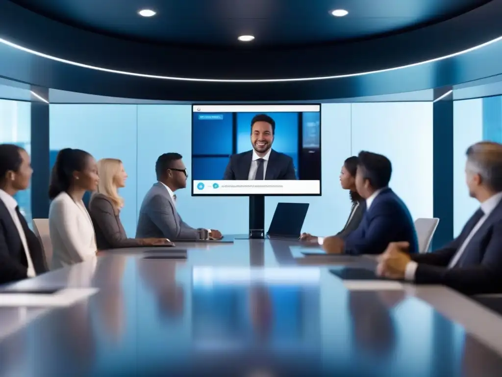 Interfaz futurista de videoconferencia con traducción en tiempo real, rompiendo barreras lingüísticas