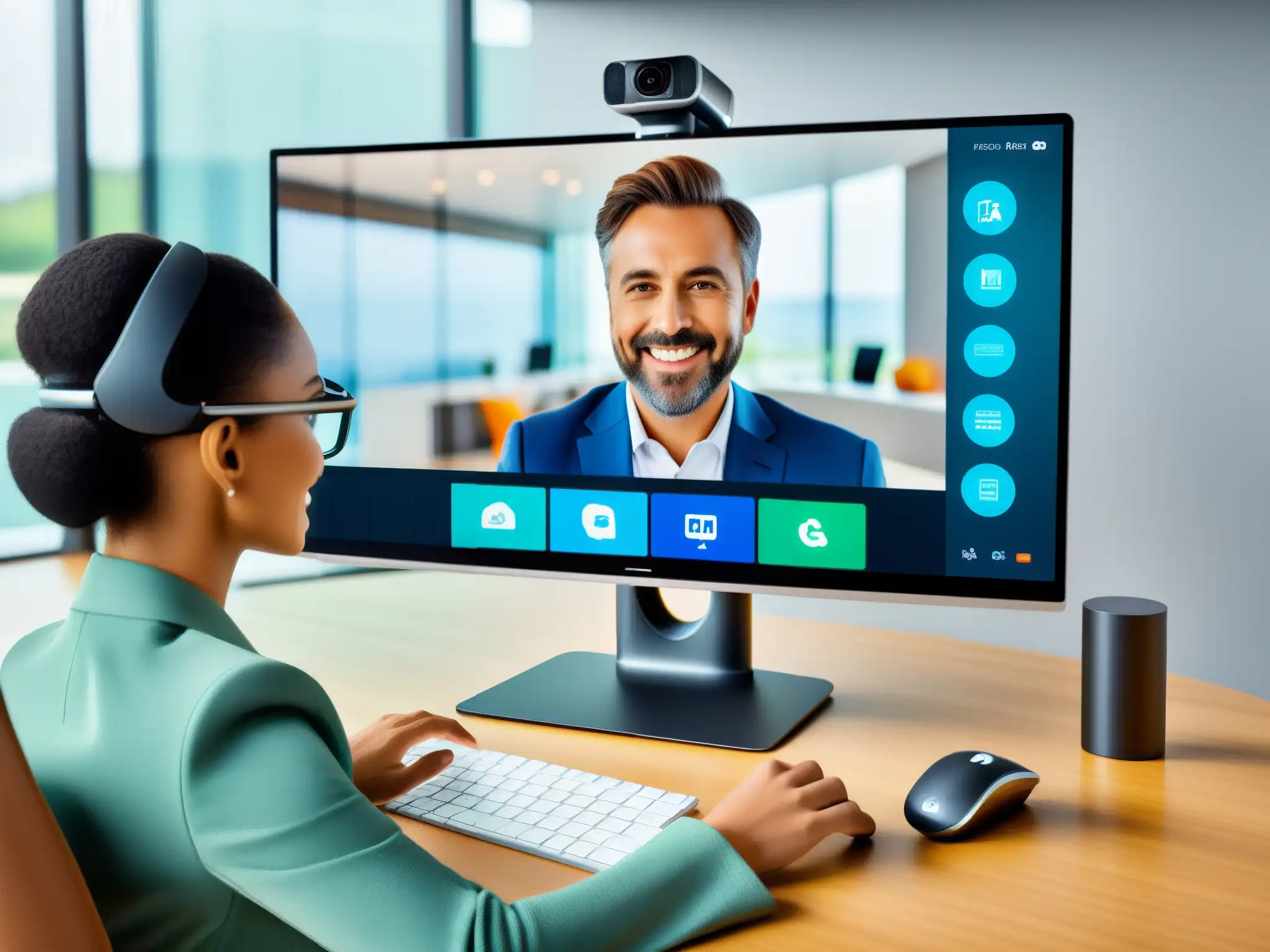 Plataforma de Videoconferencia Futurista con Automatización Avanzada Interfaz futurista de videoconferencias con automatización, personalización y analíticas en 8k