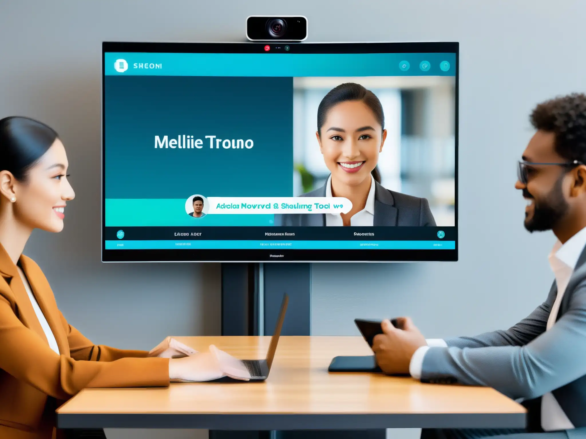 Interfaz futurista de videoconferencia con IA y traducción en tiempo real Una interfaz futurista para videoconferencias con herramientas videoconferencia comparativa