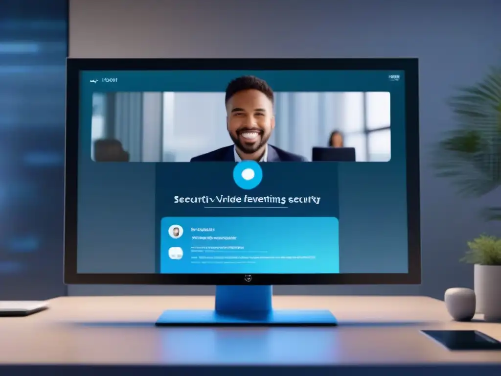 Interfaz de reunión en video segura y futurista con encriptación Interfaz futurista de videoconferencias con icono de candado, resaltando la importancia de encriptación en videoconferencias profesionales