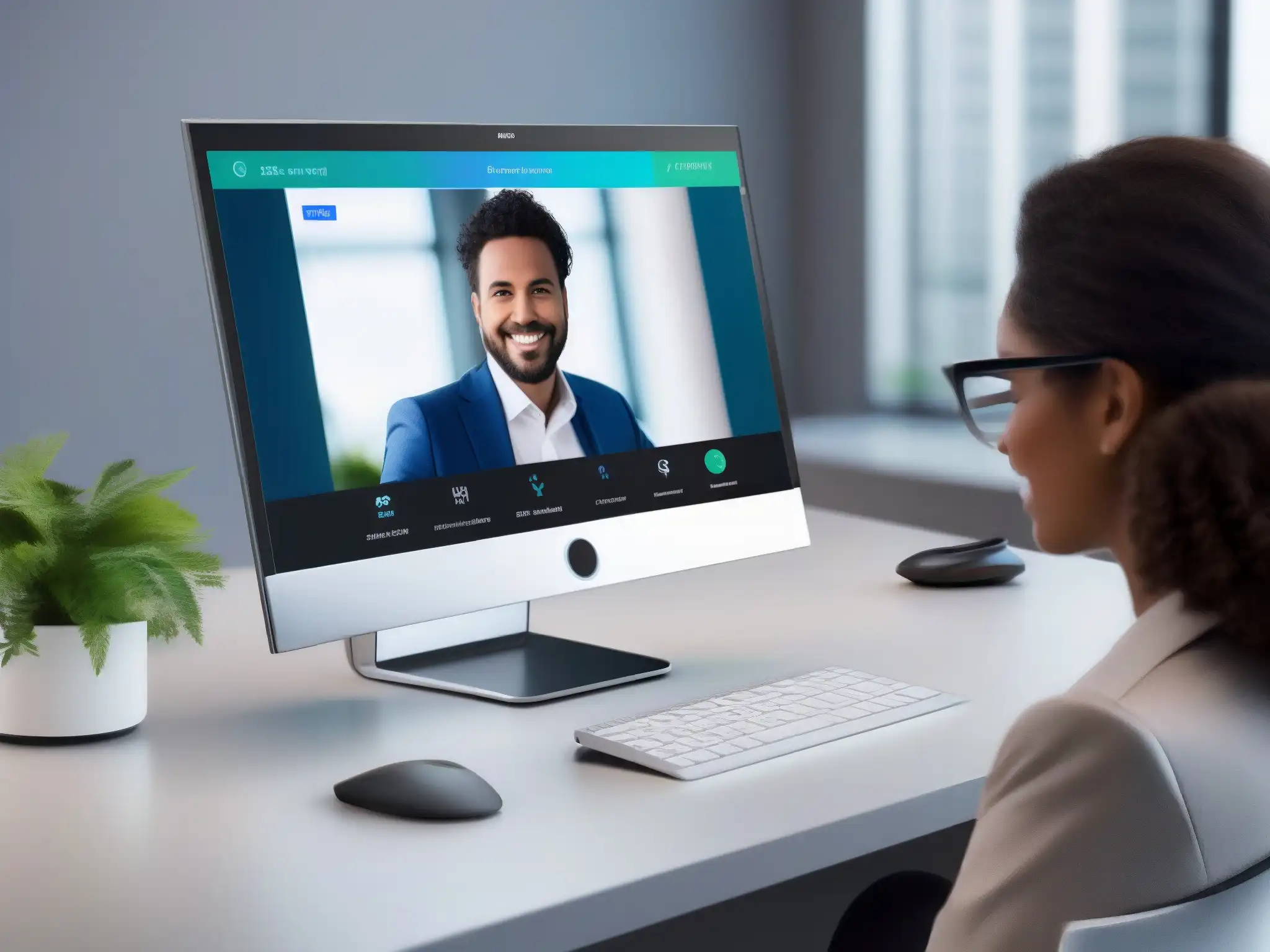 Interfaz futurista de videoconferencia personalizable Una interfaz futurista para videoconferencias resalta la importancia de la customización, con herramientas avanzadas y diseño profesional