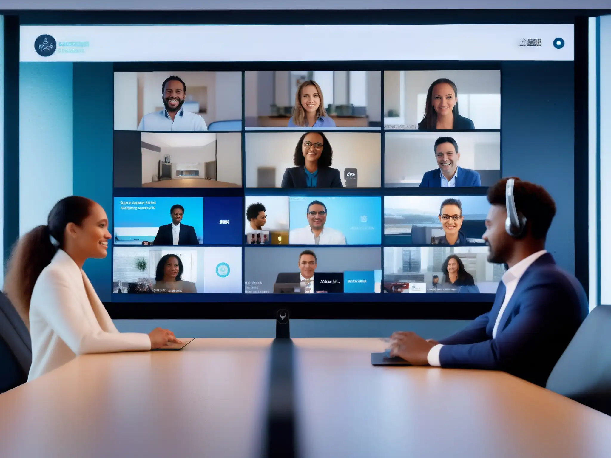 Videoconferencia futurista con moderación de IA en acción Interfaz futurista para videoconferencias con inteligencia artificial para moderación de contenido en tiempo real