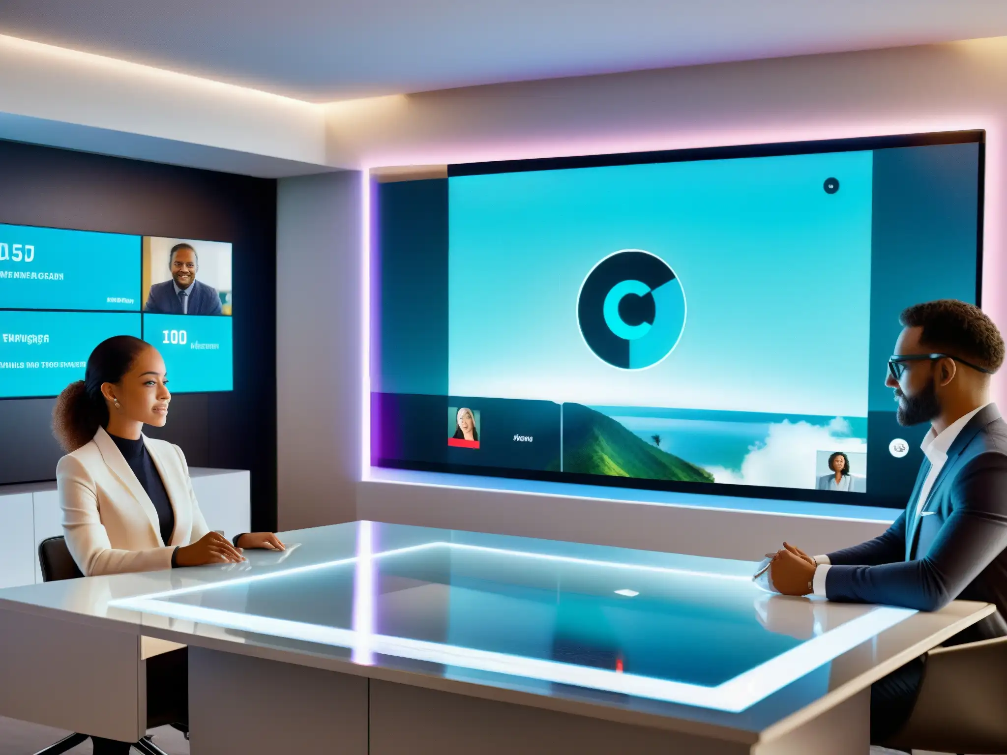 Interfaz futurista de videoconferencia holográfica y envolvente Interfaz futurista para videoconferencias, con pantalla holográfica, controles táctiles intuitivos y elementos de realidad aumentada