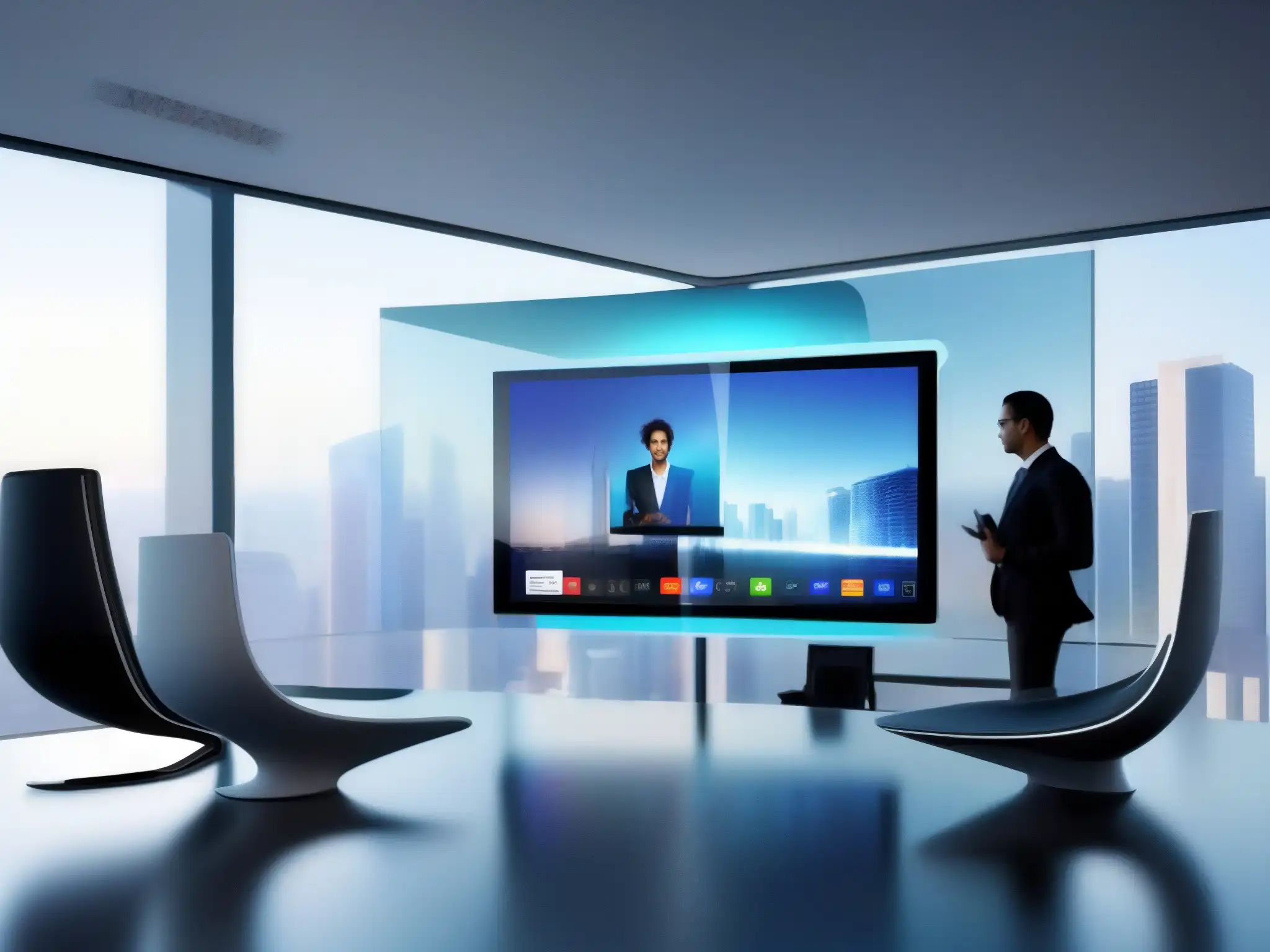 Plataforma de videoconferencia personalizada e innovadora Una interfaz futurista para videoconferencias personalizadas en una oficina contemporánea con tecnología avanzada y colores vibrantes