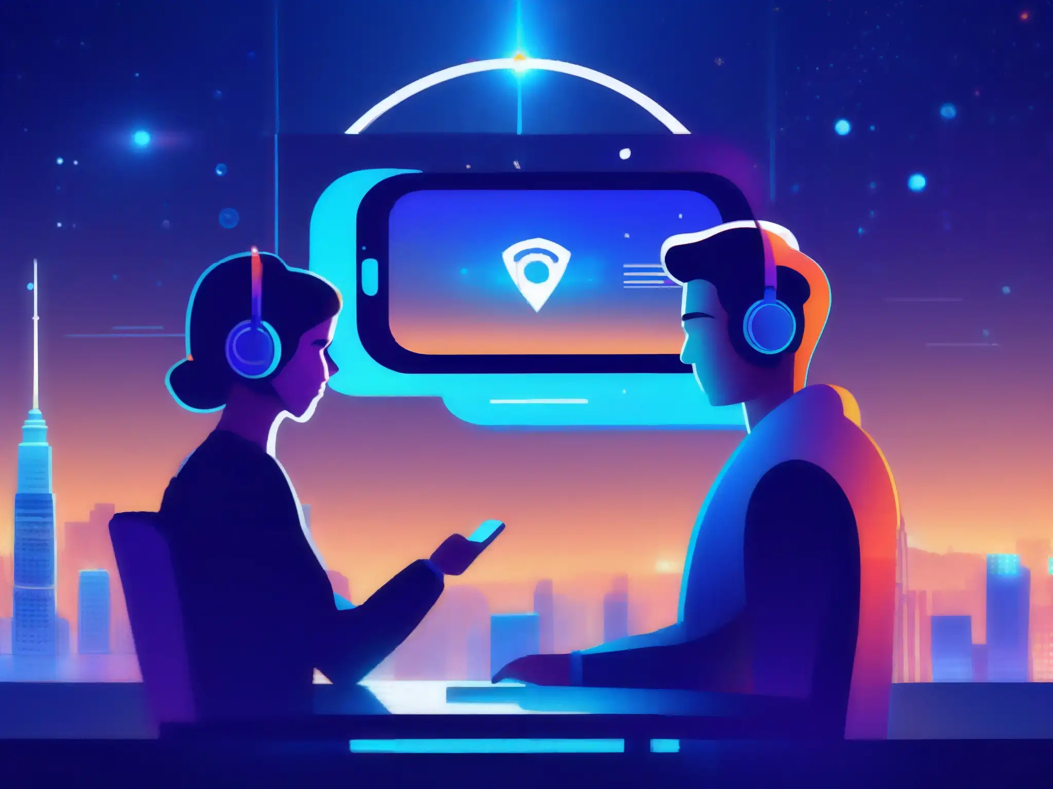 Videollamada futurista con cifrado de extremo a extremo Una interfaz futurista muestra una videollamada segura entre dos personas con una ciudad digital de fondo