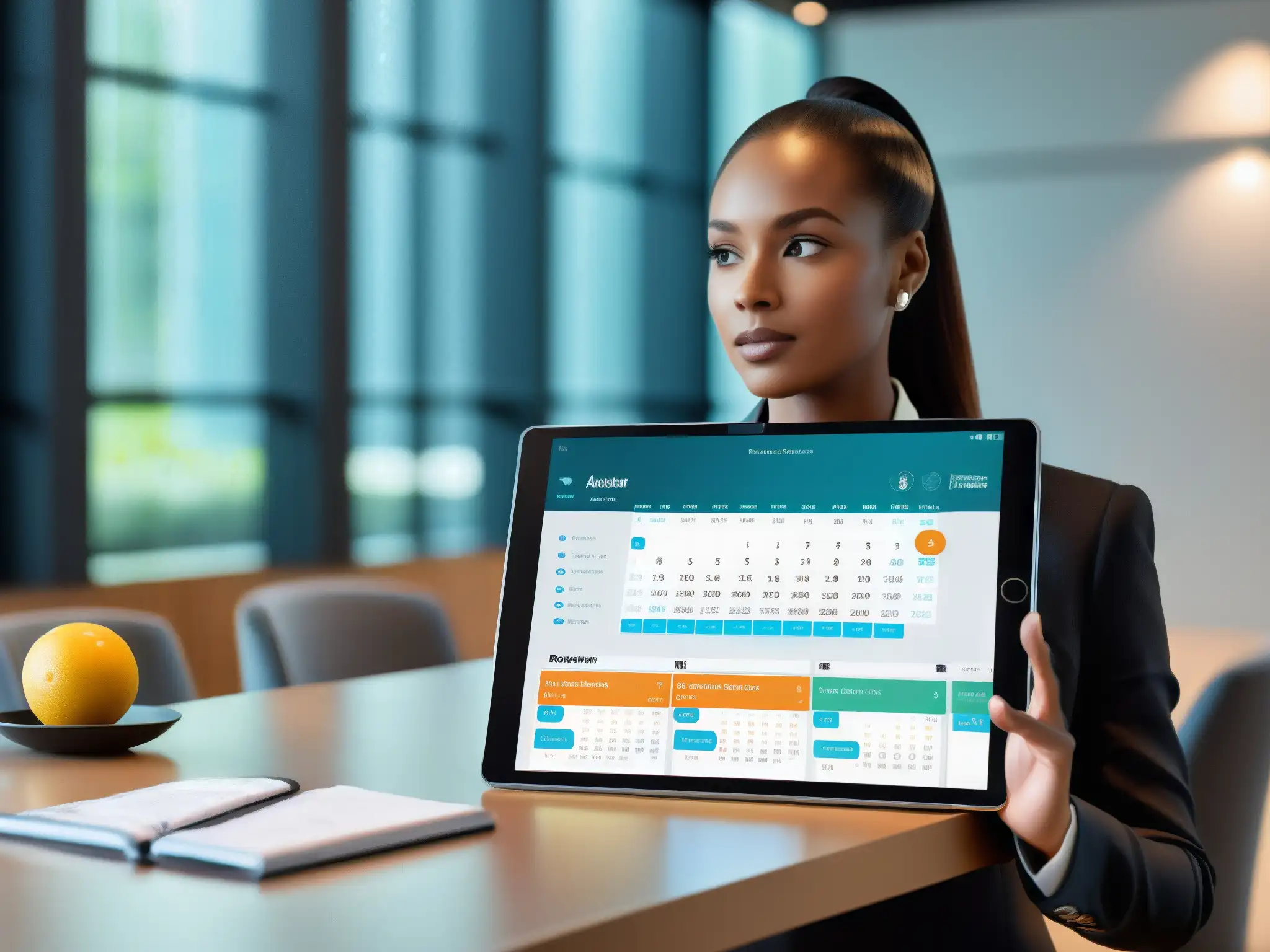 Interfaz de asistente virtual para reuniones profesionales con IA Una interfaz moderna de asistente virtual en una tableta, con una sala de reuniones contemporánea y profesionales discutiendo