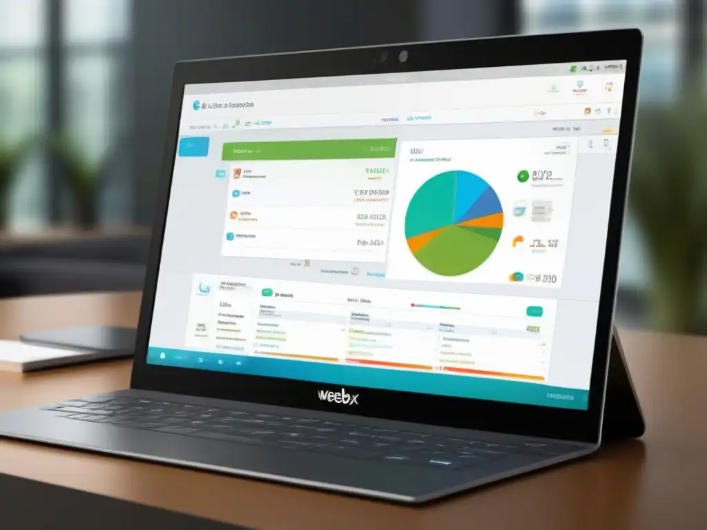 Interfaz Webex: Integración Avanzada y Eficiencia Interfaz moderna de Webex con funciones avanzadas de gestión de productividad, colores vibrantes y gráficos nítidos