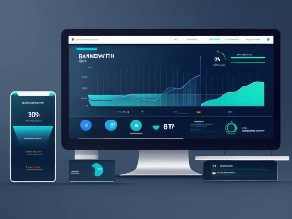 Interfaz de optimización de red: gráficos detallados y visualización de datos Interfaz moderna y profesional para la optimización de ancho de banda en videoconferencias, con gráficos detallados y diseño futurista