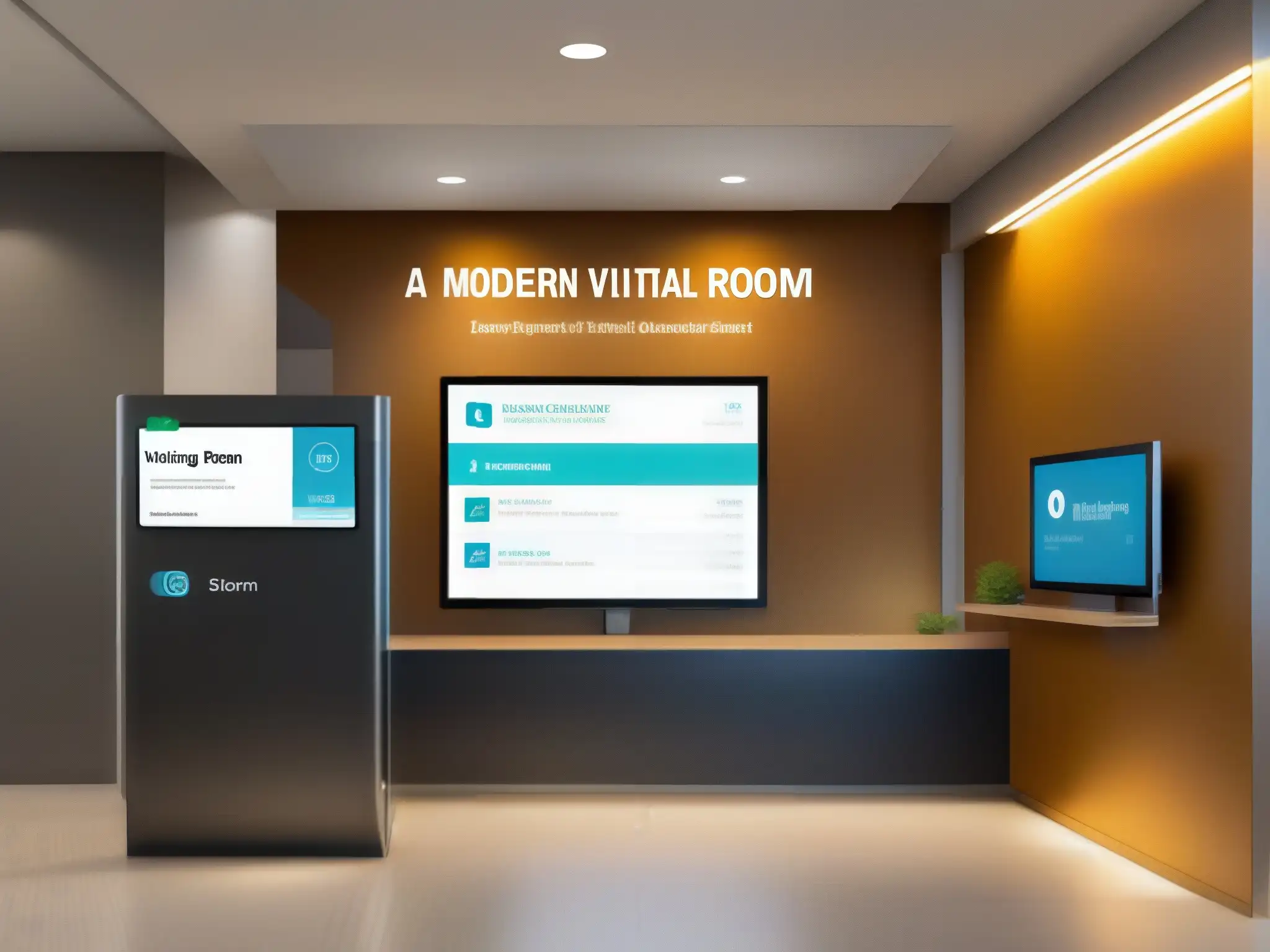Interfaz de sala de espera virtual moderna y segura Interfaz moderna para salas de espera virtuales con protocolos seguridad, diseño minimalista y controles intuitivos para garantizar la privacidad