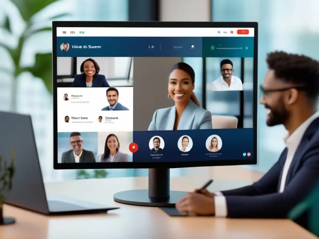 Interfaz de videoconferencia moderna con AI para productividad Interfaz moderna de videoconferencia con herramientas de IA integradas