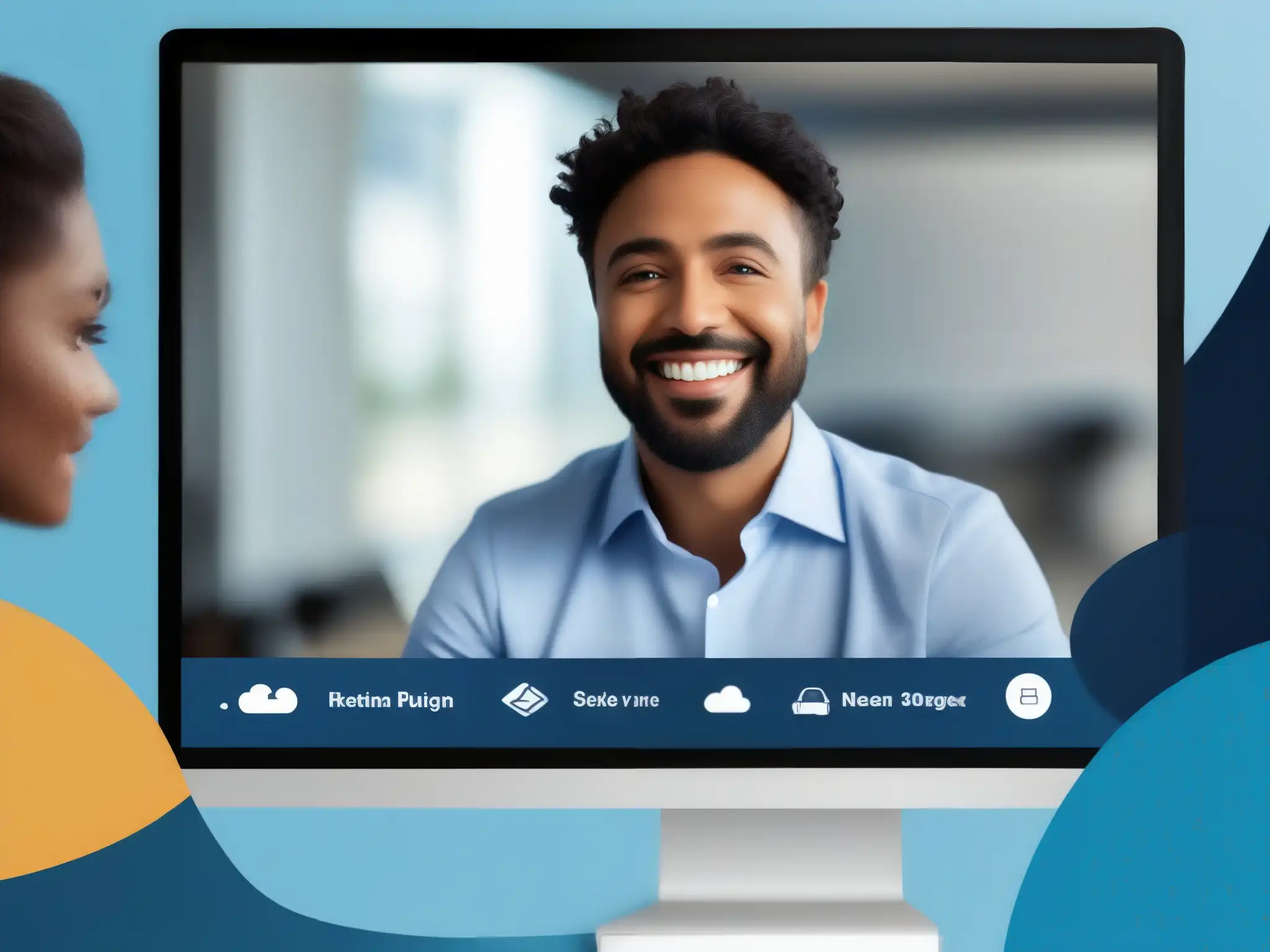 Plataforma de videoconferencia con opciones de grabación y almacenamiento Una interfaz moderna de videoconferencia con opciones de grabación y almacenamiento en la nube