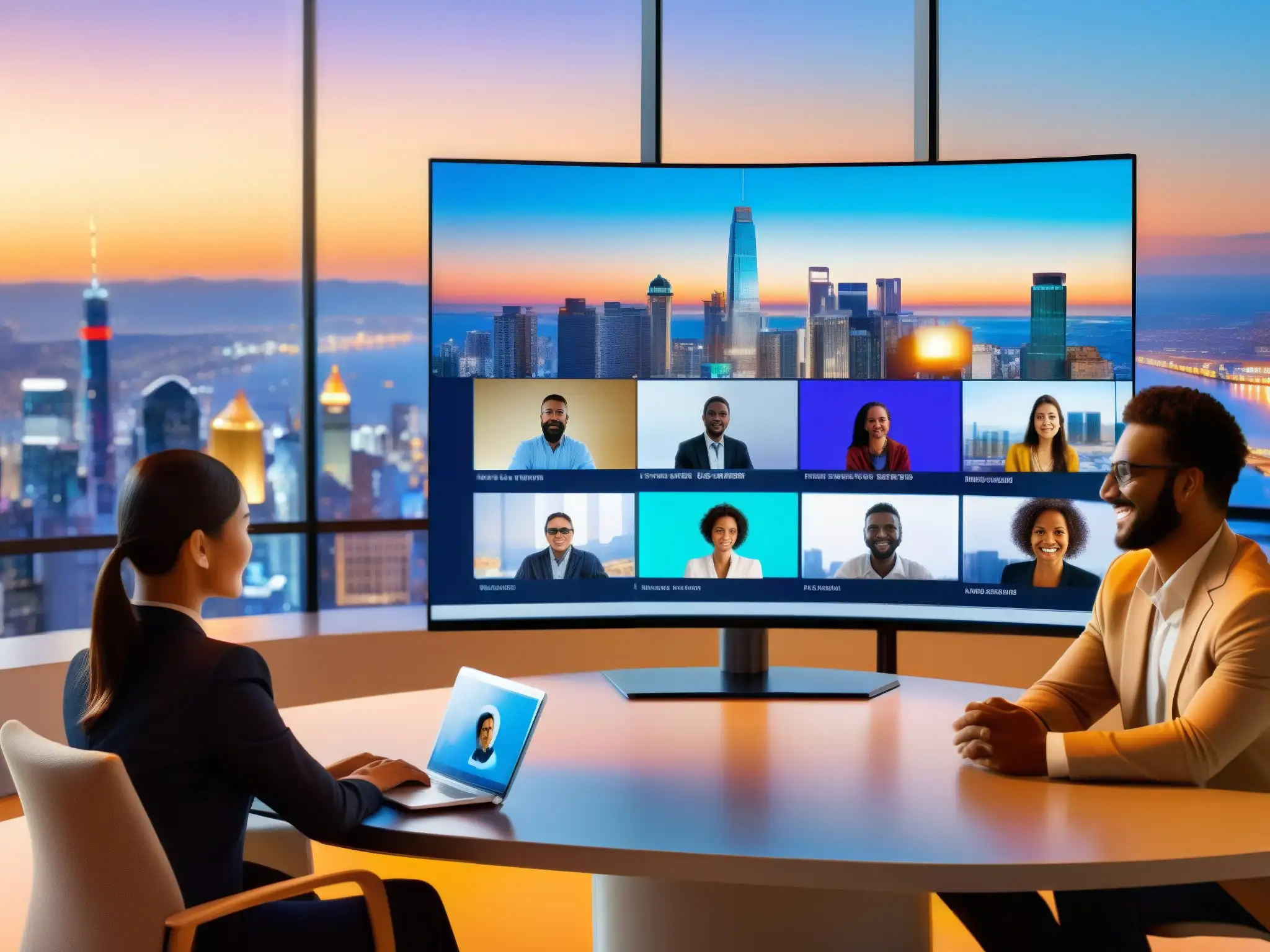 Videoconferencia profesional en la ciudad al atardecer Una interfaz moderna de videoconferencia con participantes activos y una vista panorámica de la ciudad al atardecer