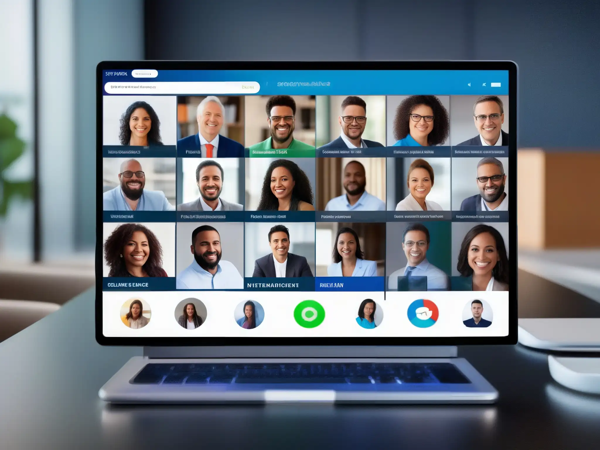 Plataforma de videoconferencia dinámica y profesional Interfaz moderna de videoconferencia con participantes en vivo, transmitiendo profesionalismo y diversidad