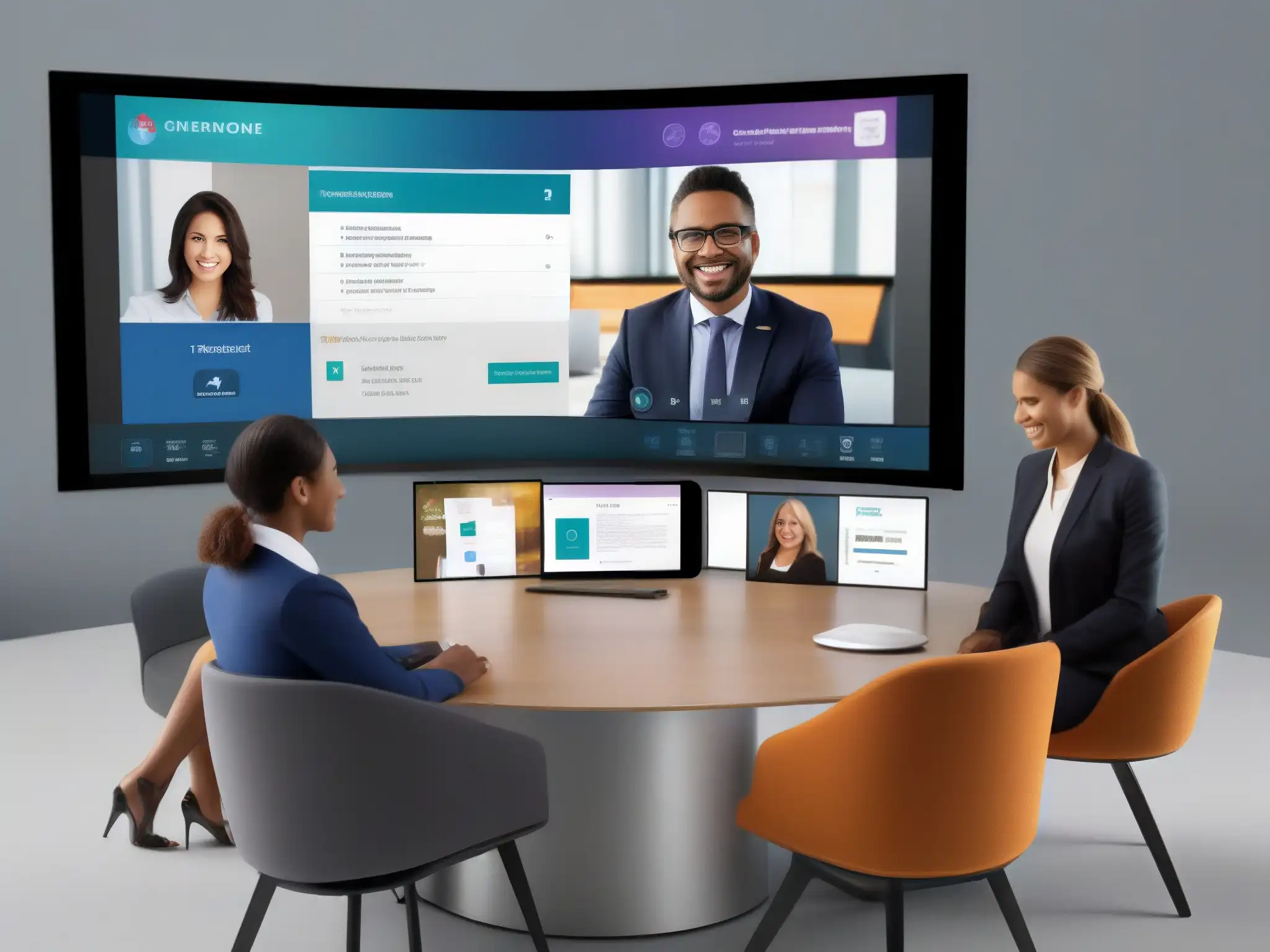 Interfaz de videoconferencia personalizable para reuniones profesionales Interfaz moderna de videoconferencia con personalización de marca, mostrando una reunión profesional en progreso