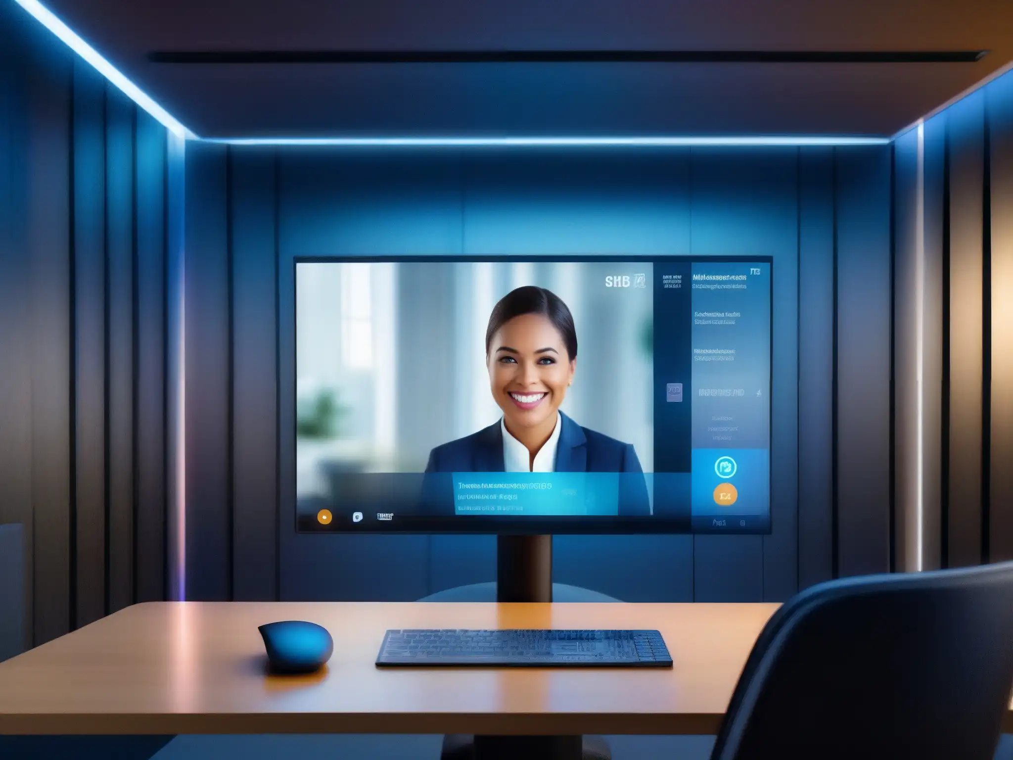 Interfaz de videollamada segura y futurista en alta definición Interfaz moderna de videoconferencia con protocolos de encriptación y diseño futurista, ideal para reuniones virtuales seguras y profesionales