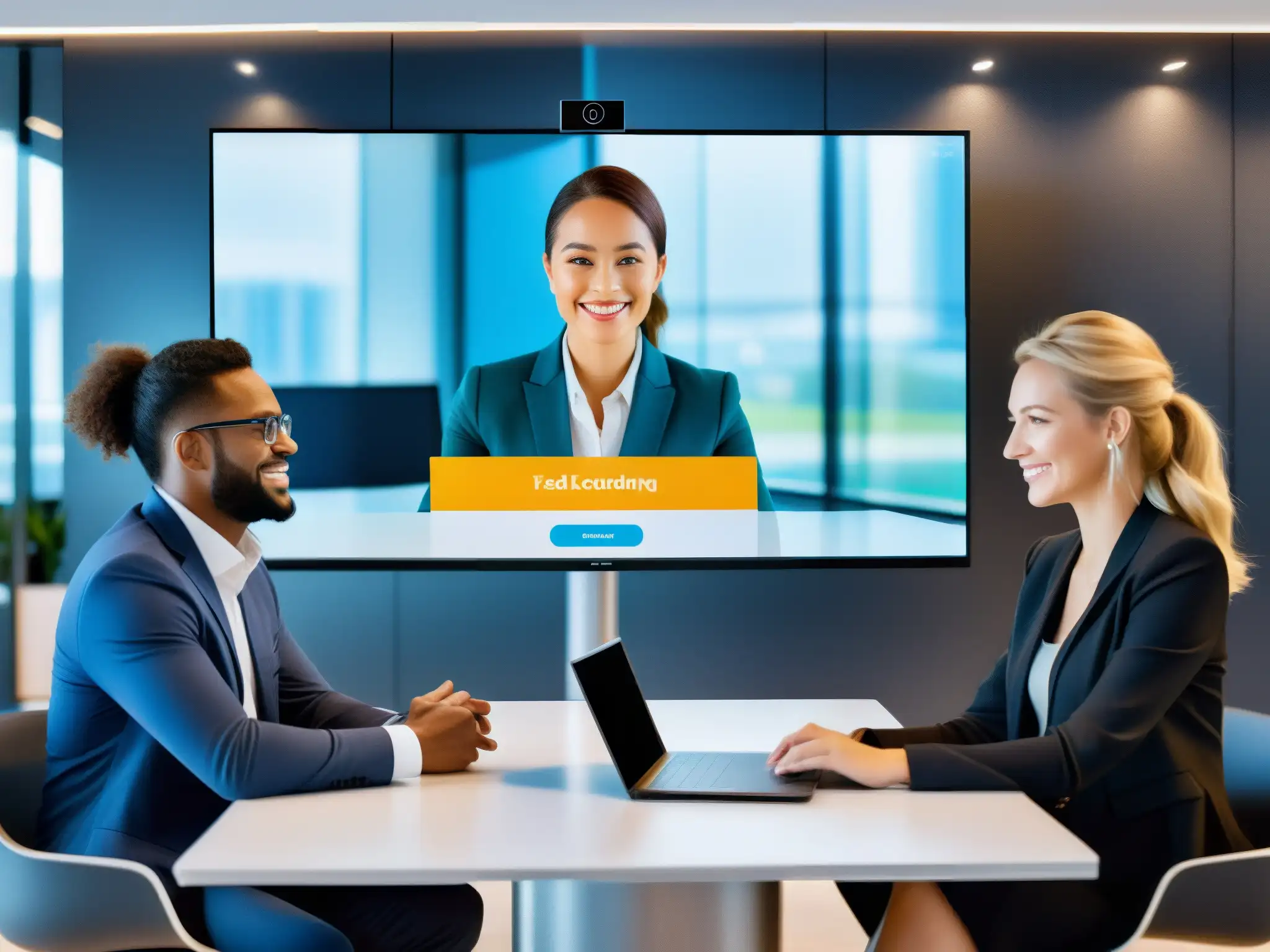 Videoconferencia AI: Futuro de reuniones virtuales Interfaz moderna de videoconferencia con IA, personalización reuniones y entorno de oficina futurista