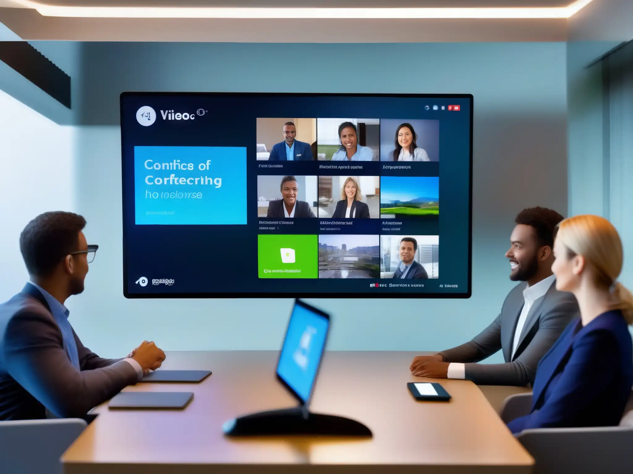 Interfaz avanzada de videoconferencia: calidad nítida y controles amigables Interfaz moderna de videoconferencias con calidad de vídeo nítida y controles intuitivos, representando la tecnología de los nuevos jugadores en el mercado de videoconferencias
