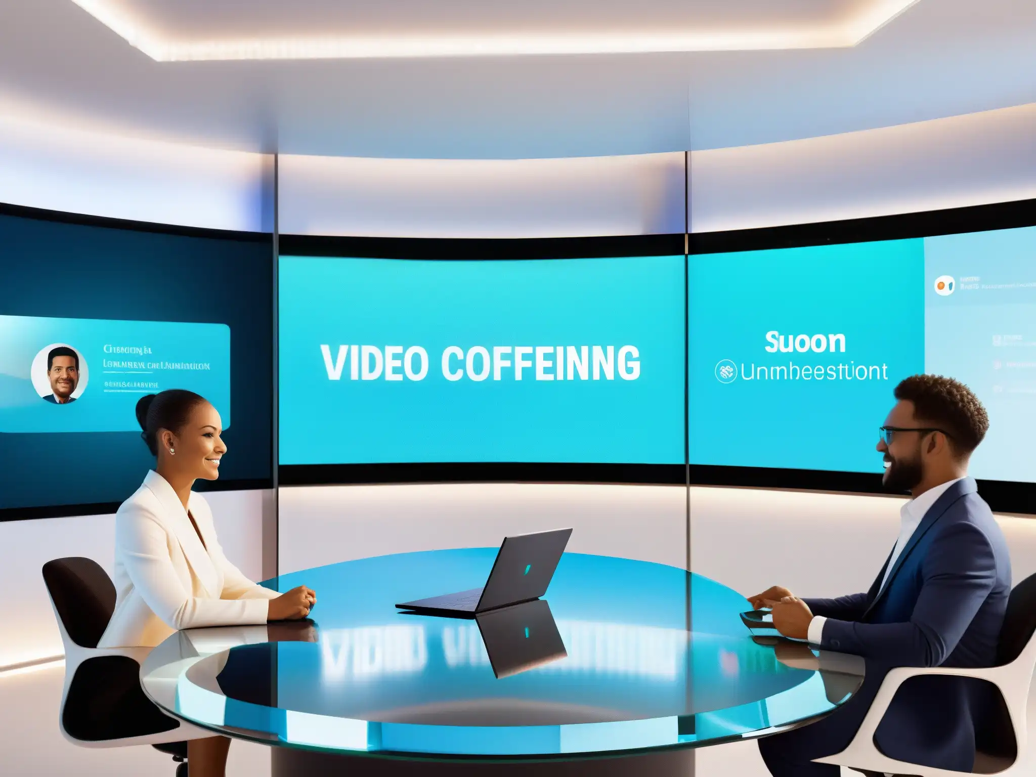 Interfaz futurista para videoconferencias Evolución en diseño de interfaz para plataformas de videoconferencia: moderna sala virtual con pantallas transparentes y tecnología de vanguardia