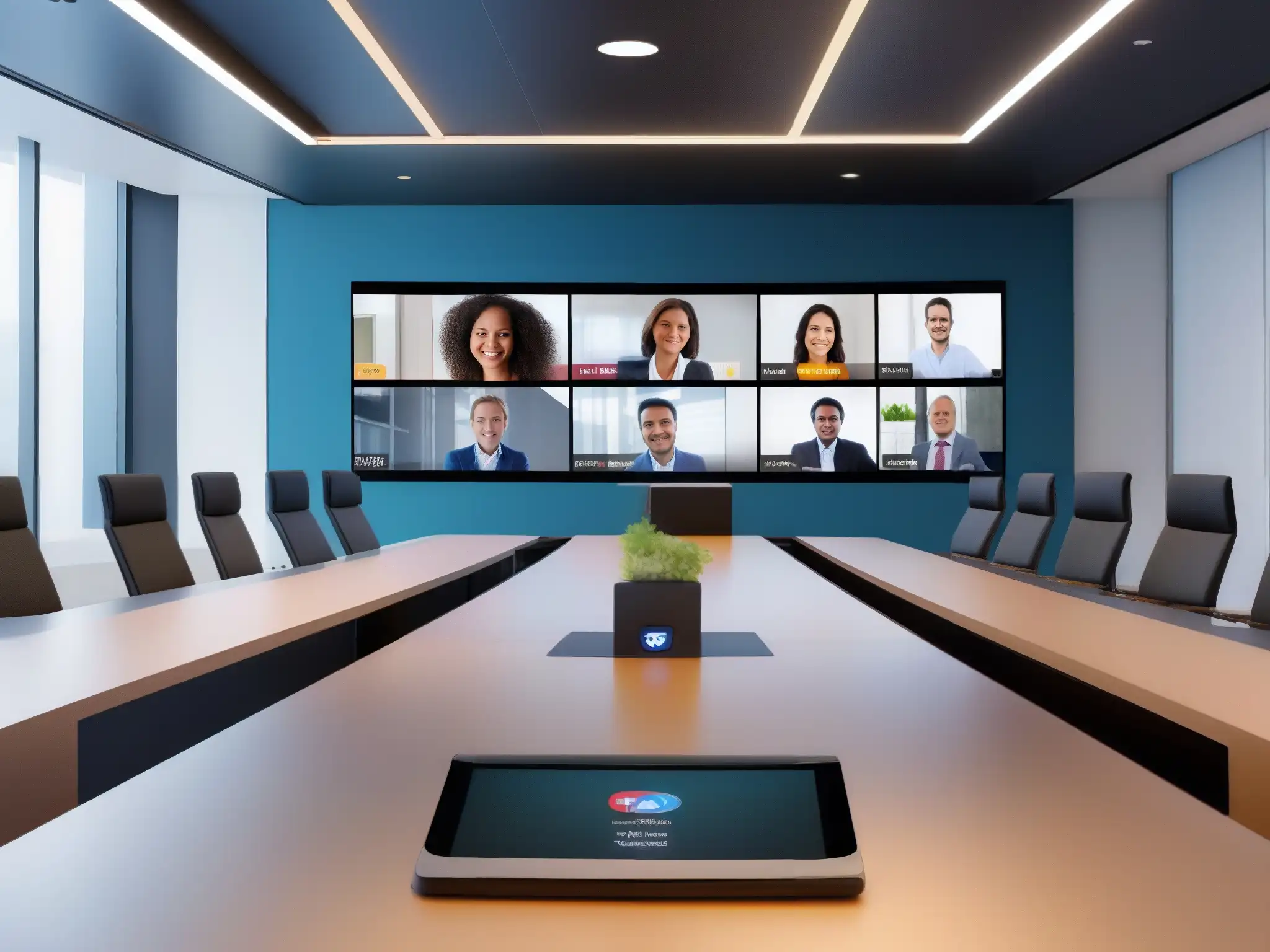 Interfaz de videoconferencia moderna con IA y traducción en tiempo real 'Interfaz profesional y moderna de videoconferencia con automatización, en una sala virtual acogedora