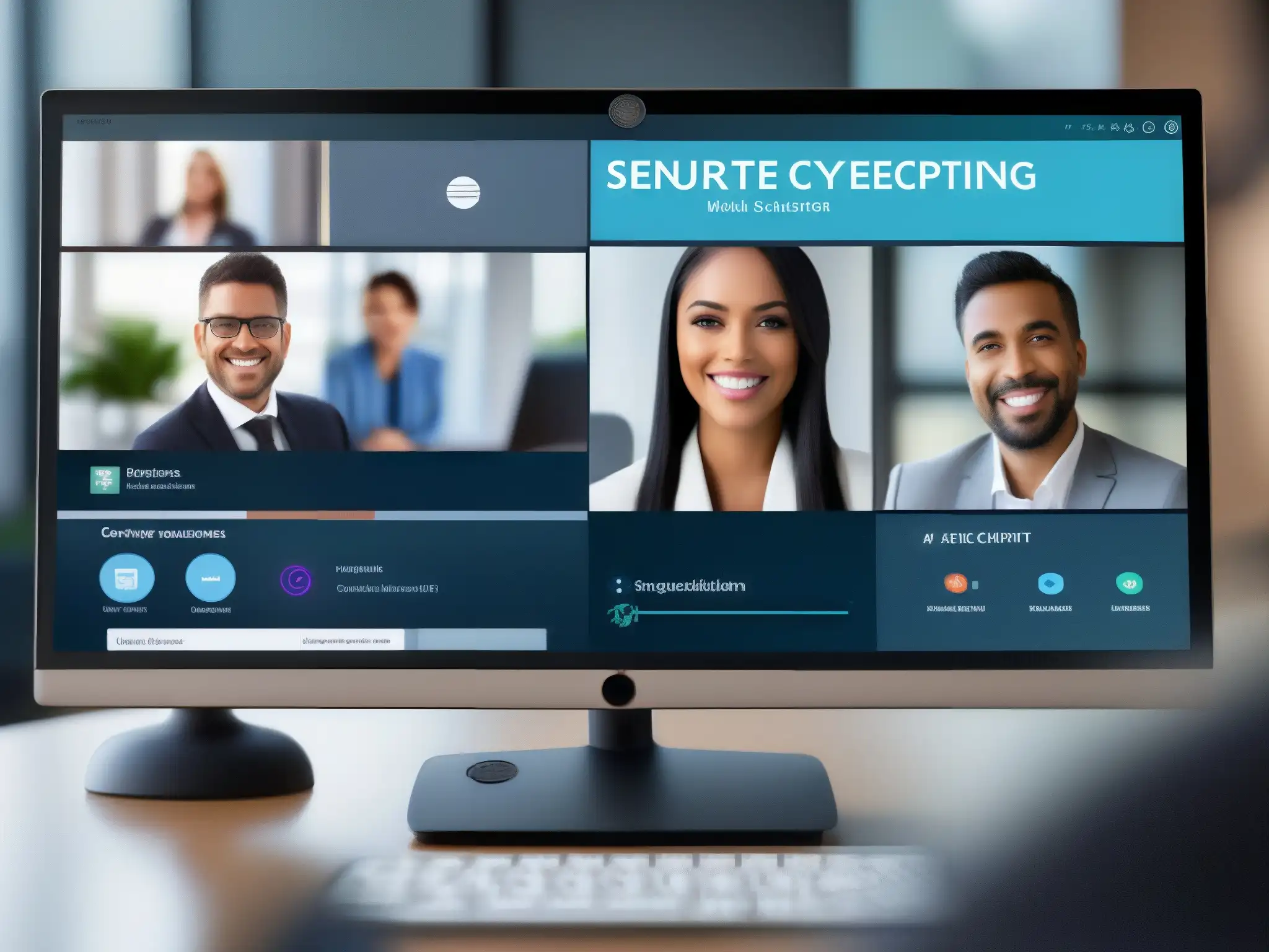 Conferencia virtual segura: interfaz moderna y profesional Interfaz profesional de videoconferencia con seguridad avanzada, transmitiendo confianza en la comunicación segura