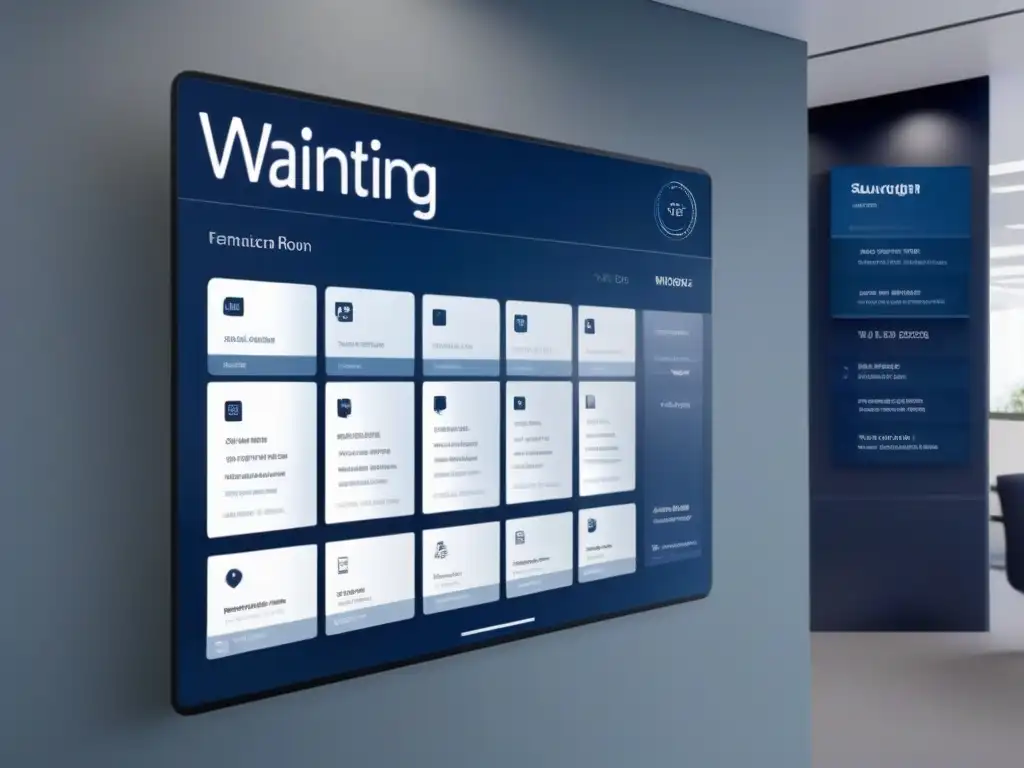 Sala de espera virtual moderna y privada en azul y plata Interfaz de sala de espera virtual privada con tonos azul marino y detalles plateados, brindando profesionalismo y privacidad