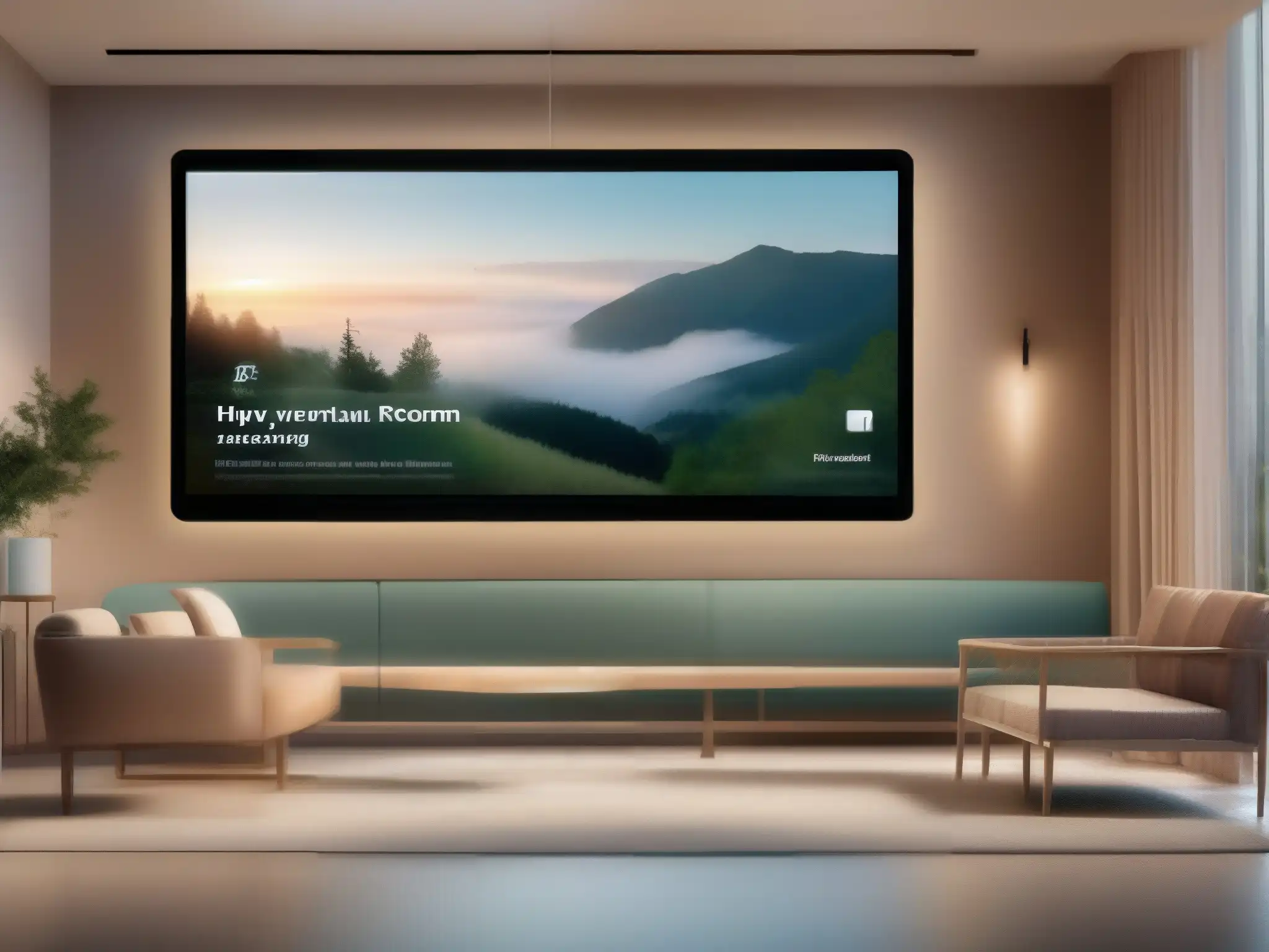 Sala de espera virtual moderna y acogedora Interfaz de sala de espera virtual privada con diseño minimalista y paleta de colores suaves, entorno natural y opciones de personalización