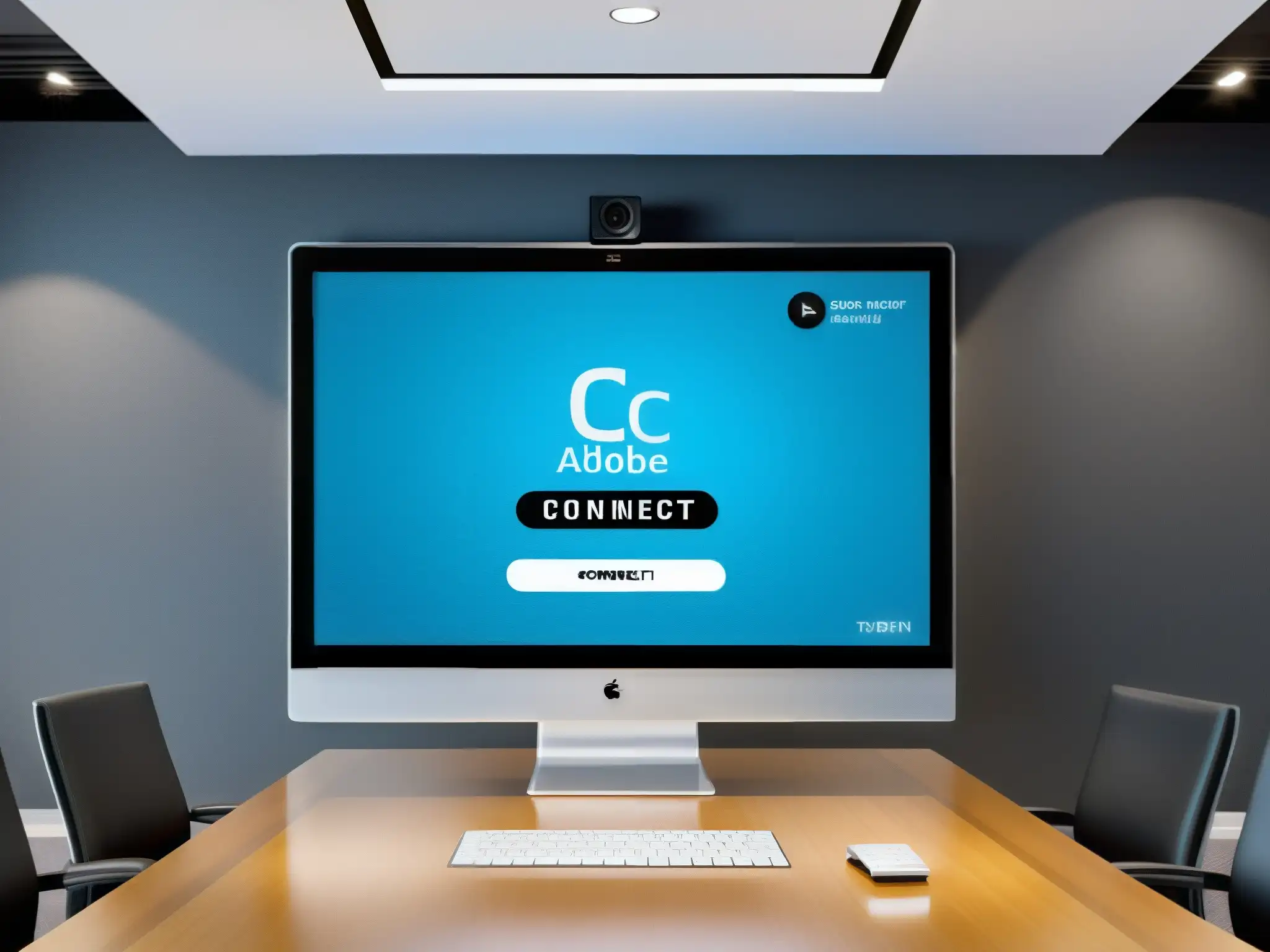 Interfaz personalizada de Adobe Connect para videoconferencias corporativas Interfaz de sala de reuniones virtual moderna y elegante de Adobe Connect, destacando personalización y control en videoconferencias corporativas